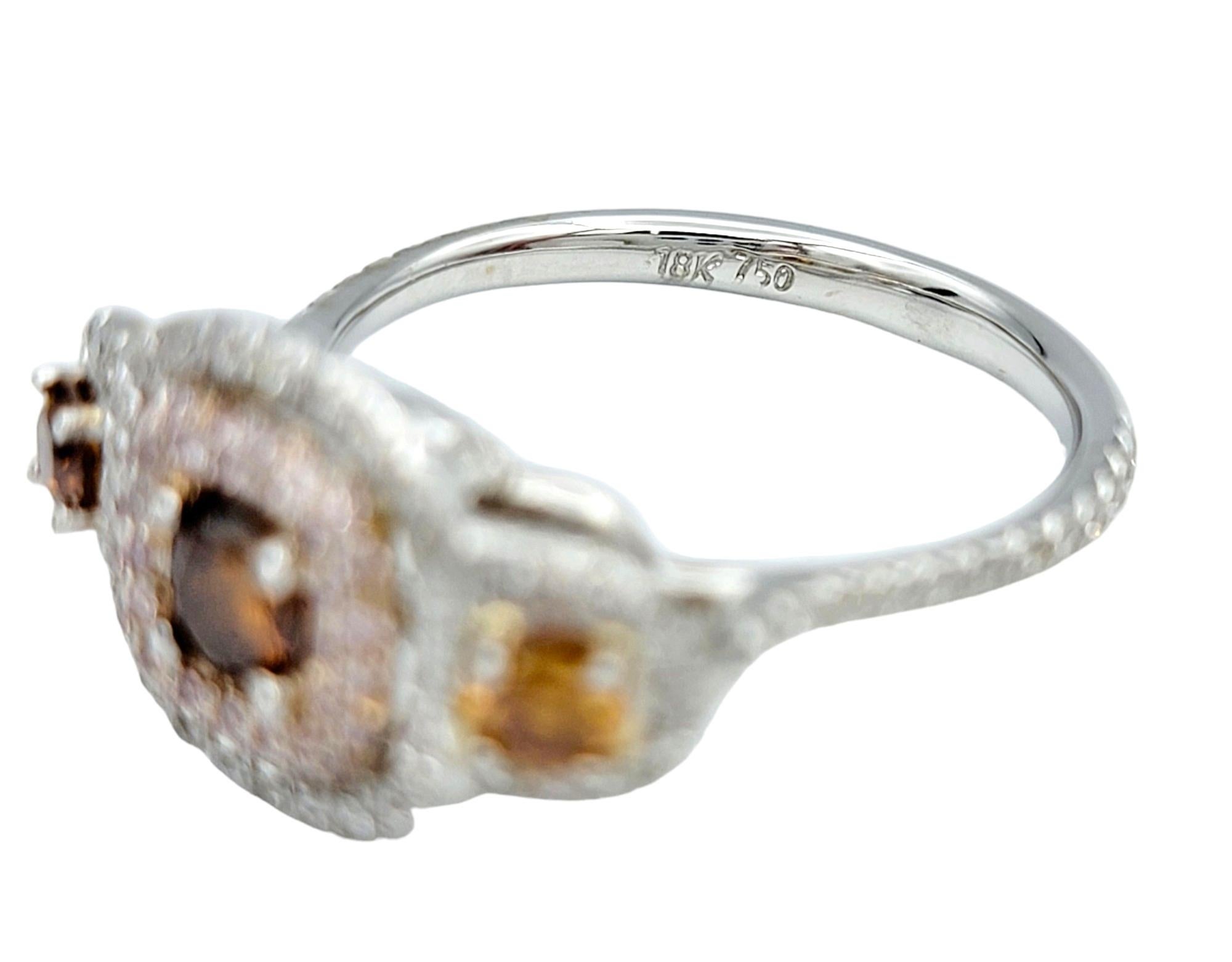 Women's Pink, Orange and White Diamond 3-Stone Halo Style Ring in 18 Karat White Gold For Sale
