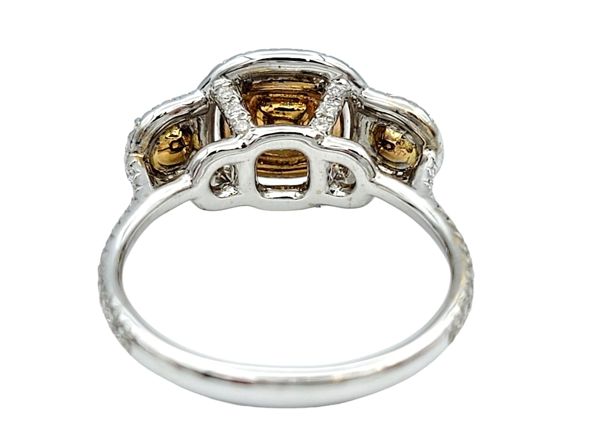 Pink, Orange and White Diamond 3-Stone Halo Style Ring in 18 Karat White Gold For Sale 1