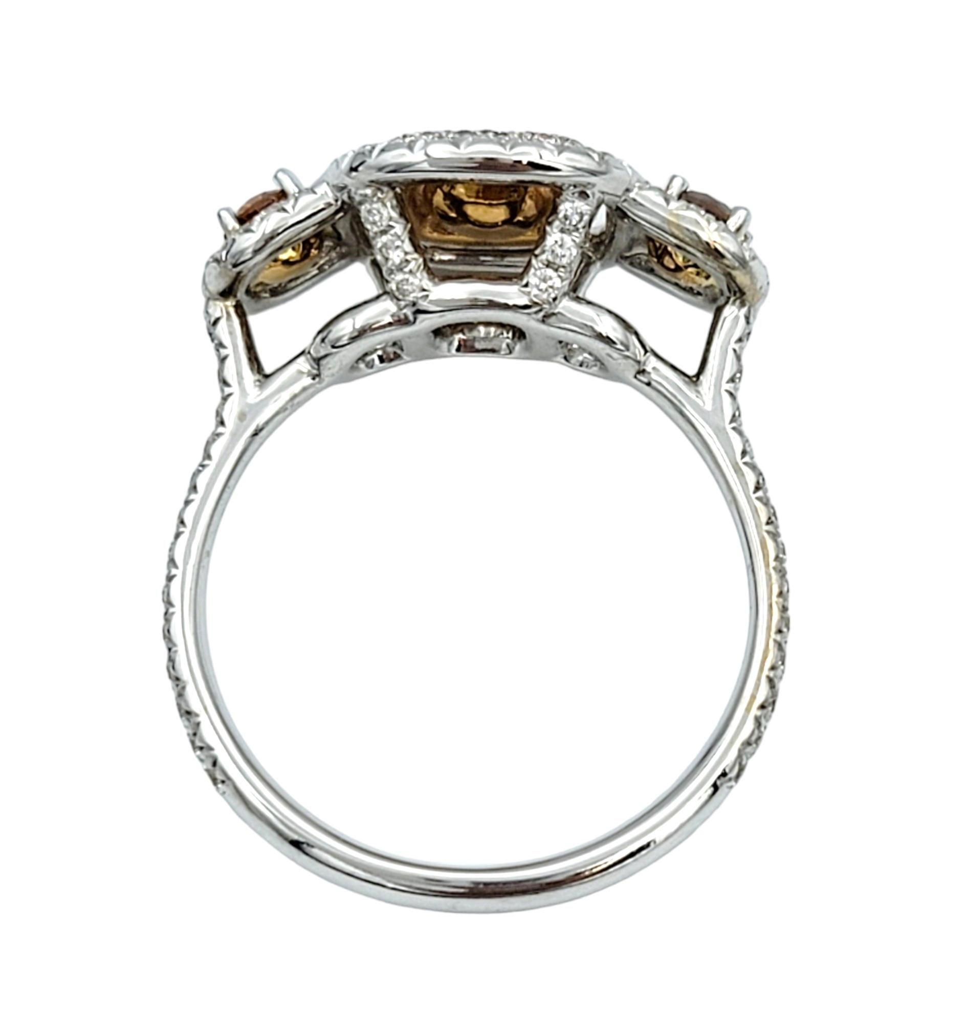 Pink, Orange and White Diamond 3-Stone Halo Style Ring in 18 Karat White Gold For Sale 2