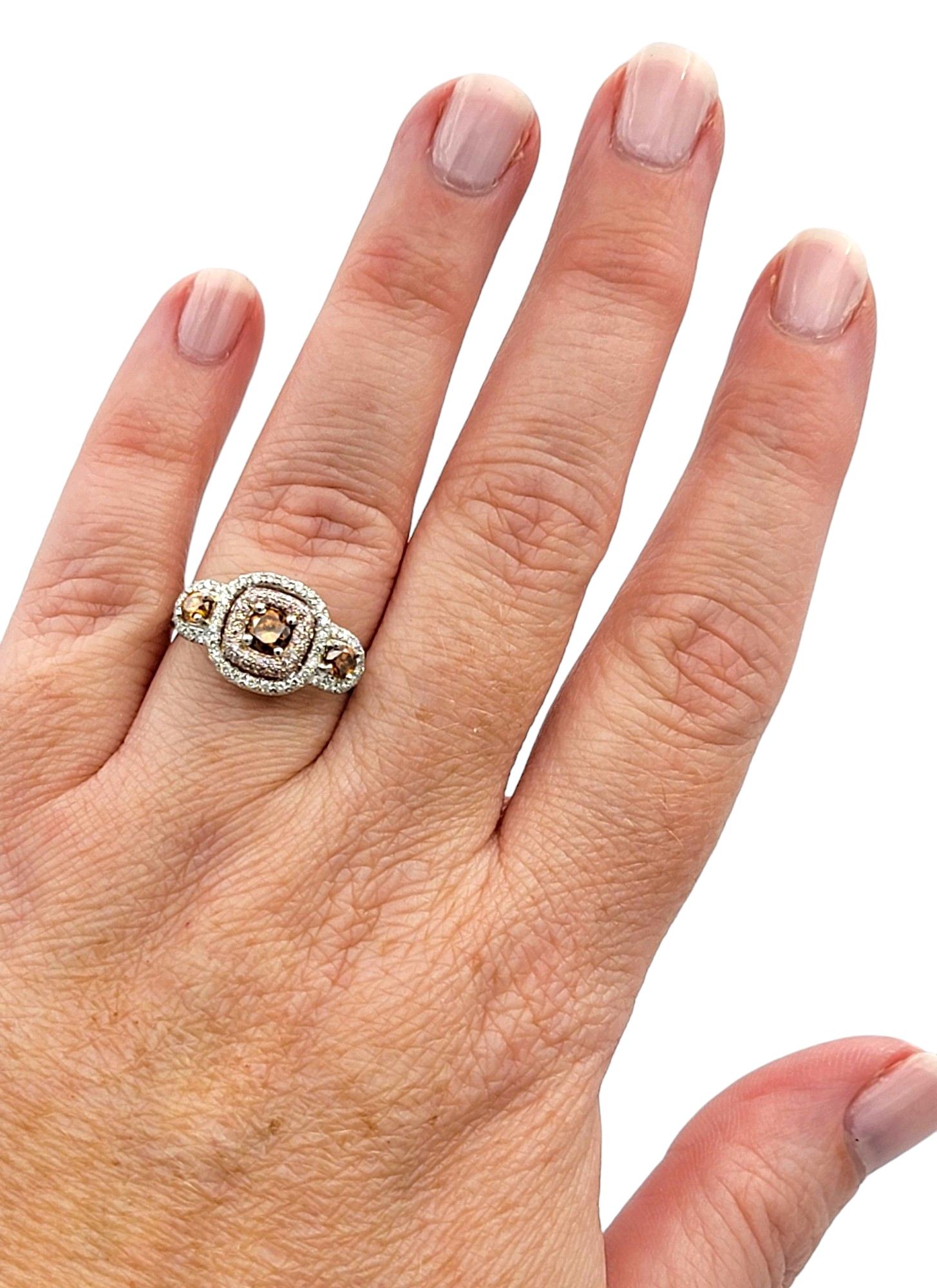 Pink, Orange and White Diamond 3-Stone Halo Style Ring in 18 Karat White Gold For Sale 3