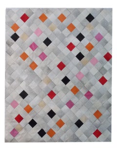 Cowhide-Bodenteppich XX-groß in Rosa, Orange und Schwarz mit fallenden Quadraten