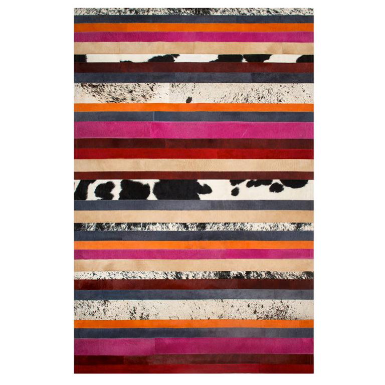 Pink, Orange, Black & White Stripes Customizable Nueva Raya Cowhide Rug Medium For Sale