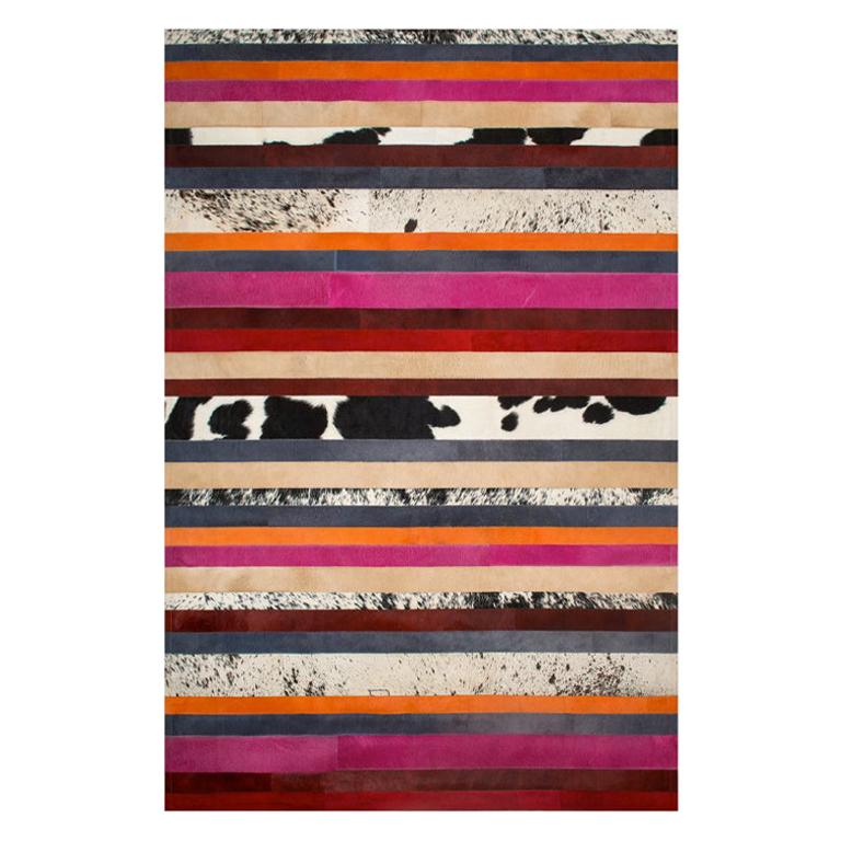 Pink, Orange, Black and White Stripes Customizable Nueva Raya Cowhide Rug Small For Sale
