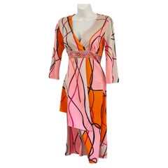Pink Orange Ribbon Print Flora Kung Mock Wrap Deep-V Silk Dress NWT