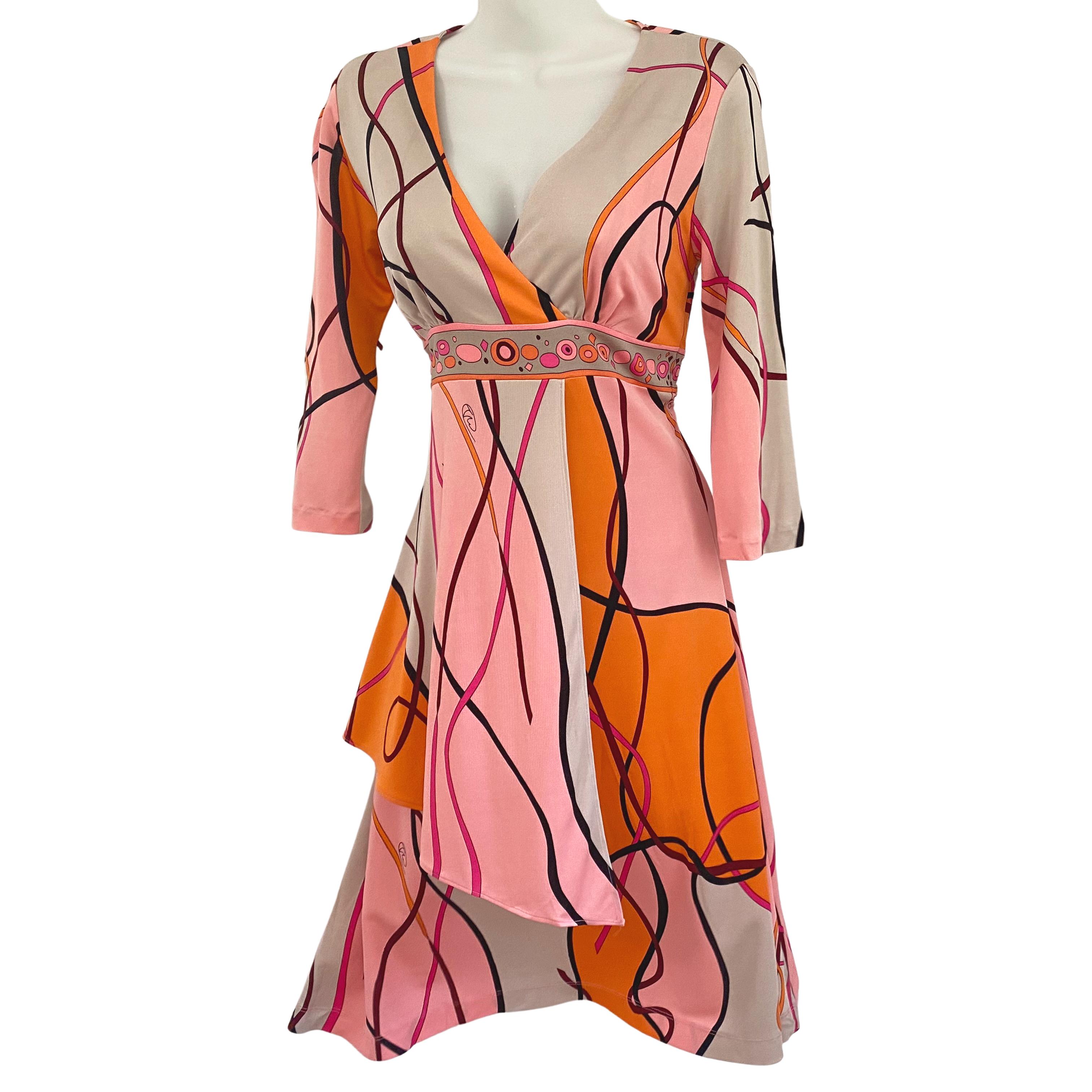 Pink Orange Ribbon Print Flora Kung Mock Wrap Deep-V Silk Dress NWT  In New Condition For Sale In Boston, MA