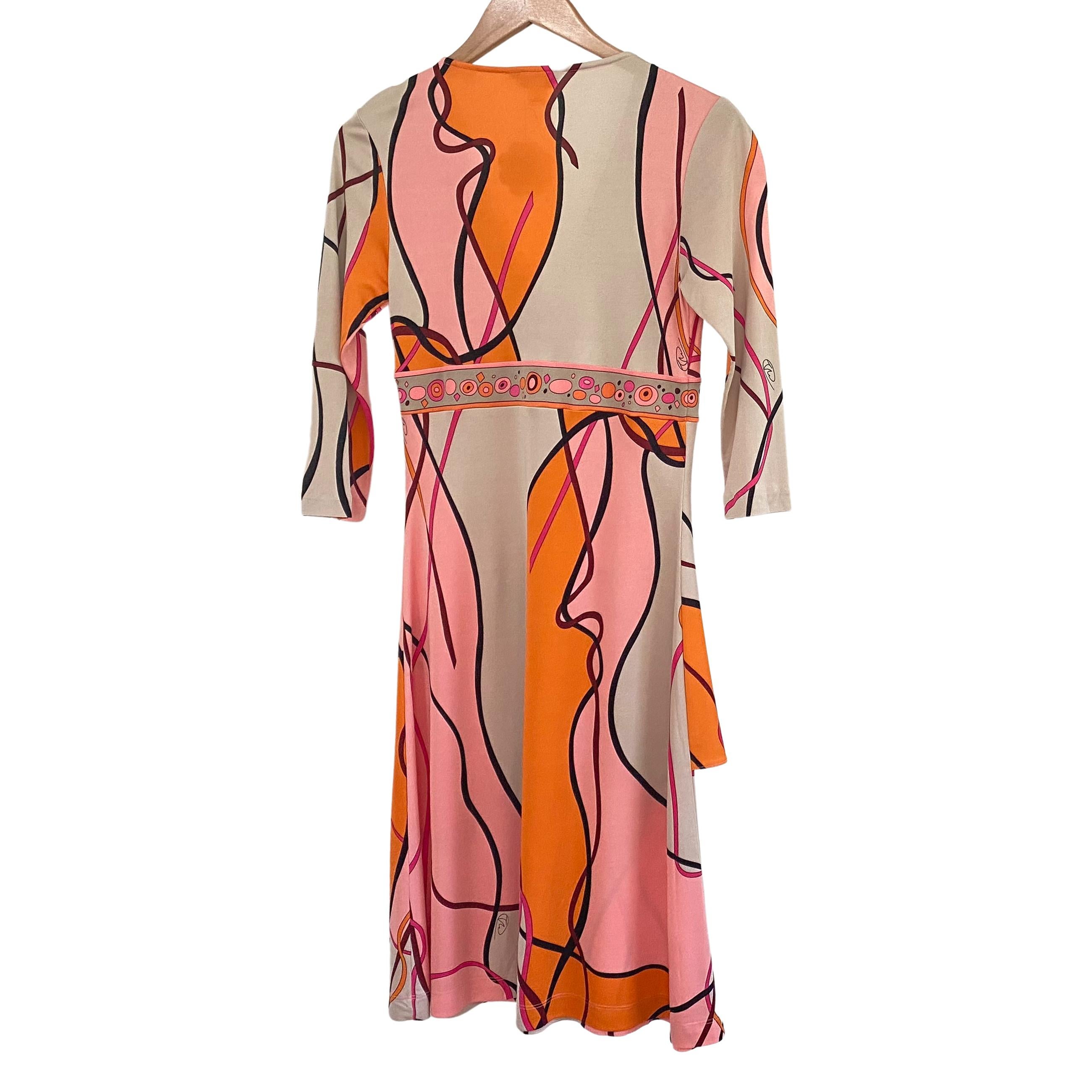 Pink Orange Ribbon Print Flora Kung Mock Wrap Deep-V Silk Dress NWT  For Sale 1