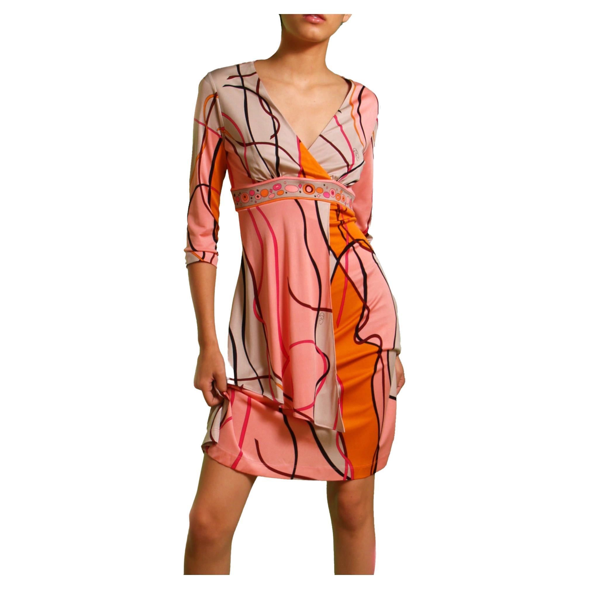 Pink Orange Ribbon Print Flora Kung Mock Wrap Deep-V Silk Dress NWT  For Sale