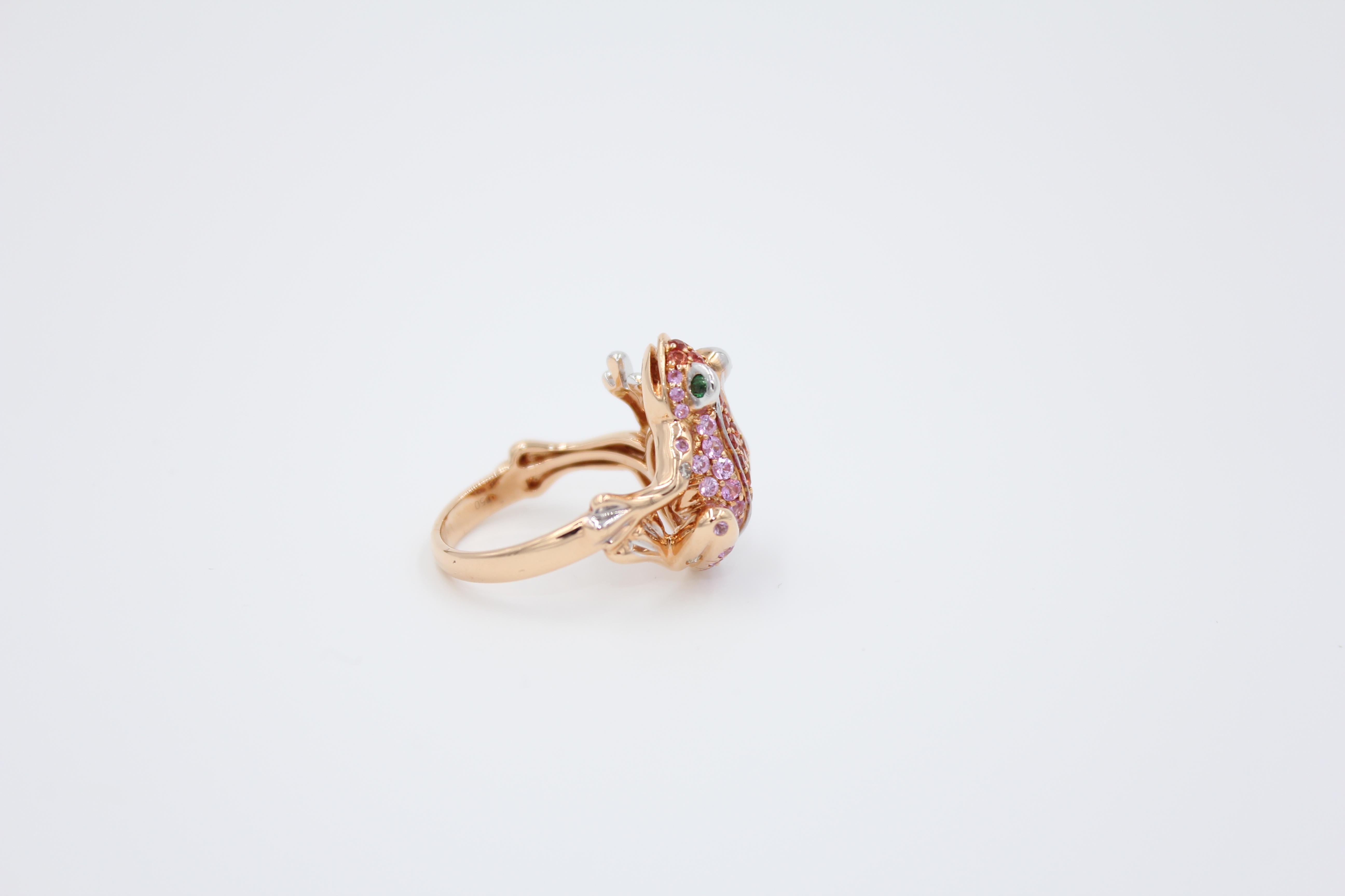 Pink Orange Sapphire Emerald Diamond Pave 18 Karat Rose Gold Frog Animal Ring For Sale 3