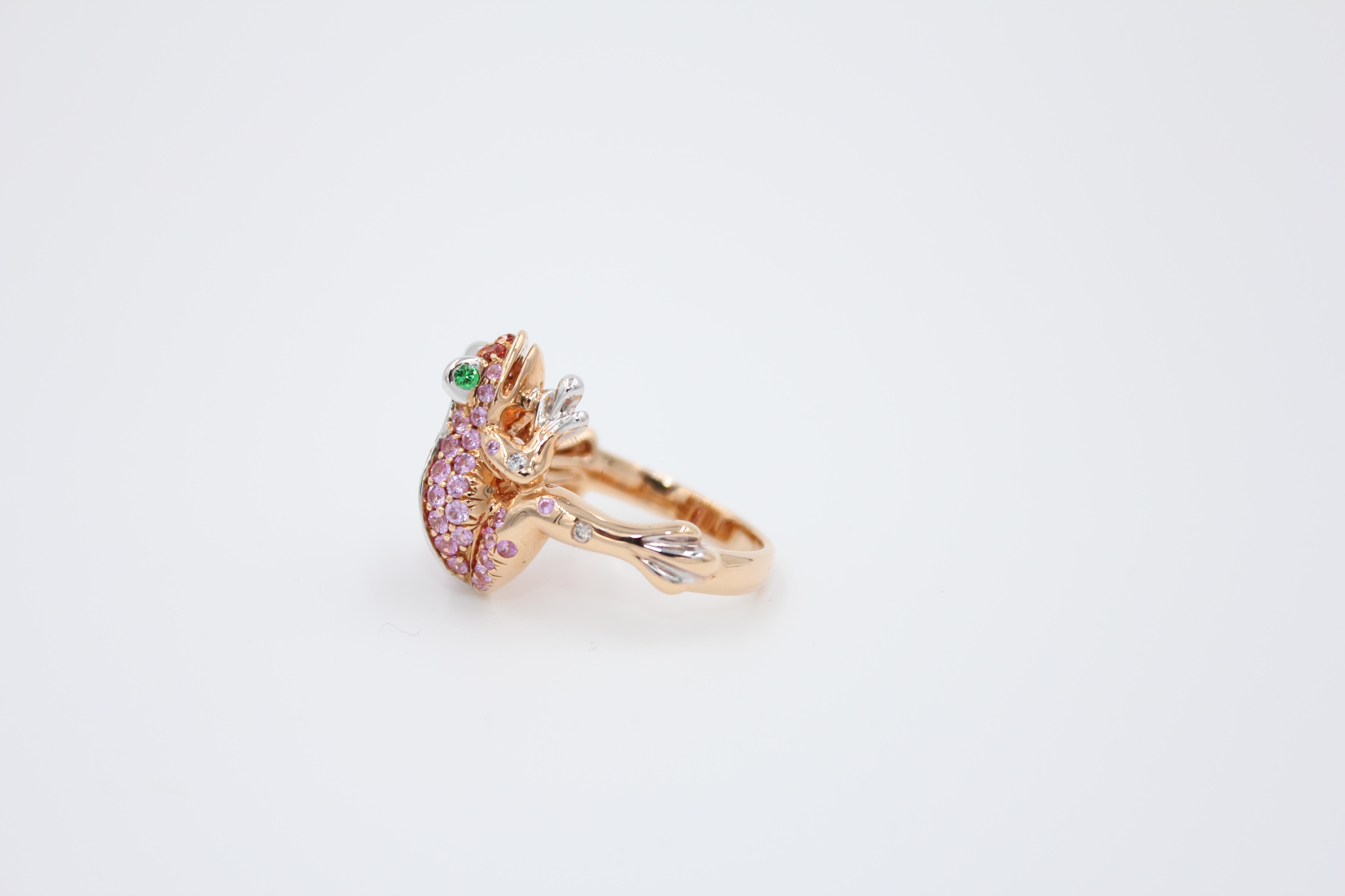 Pink Orange Sapphire Emerald Diamond Pave 18 Karat Rose Gold Frog Animal Ring For Sale 4