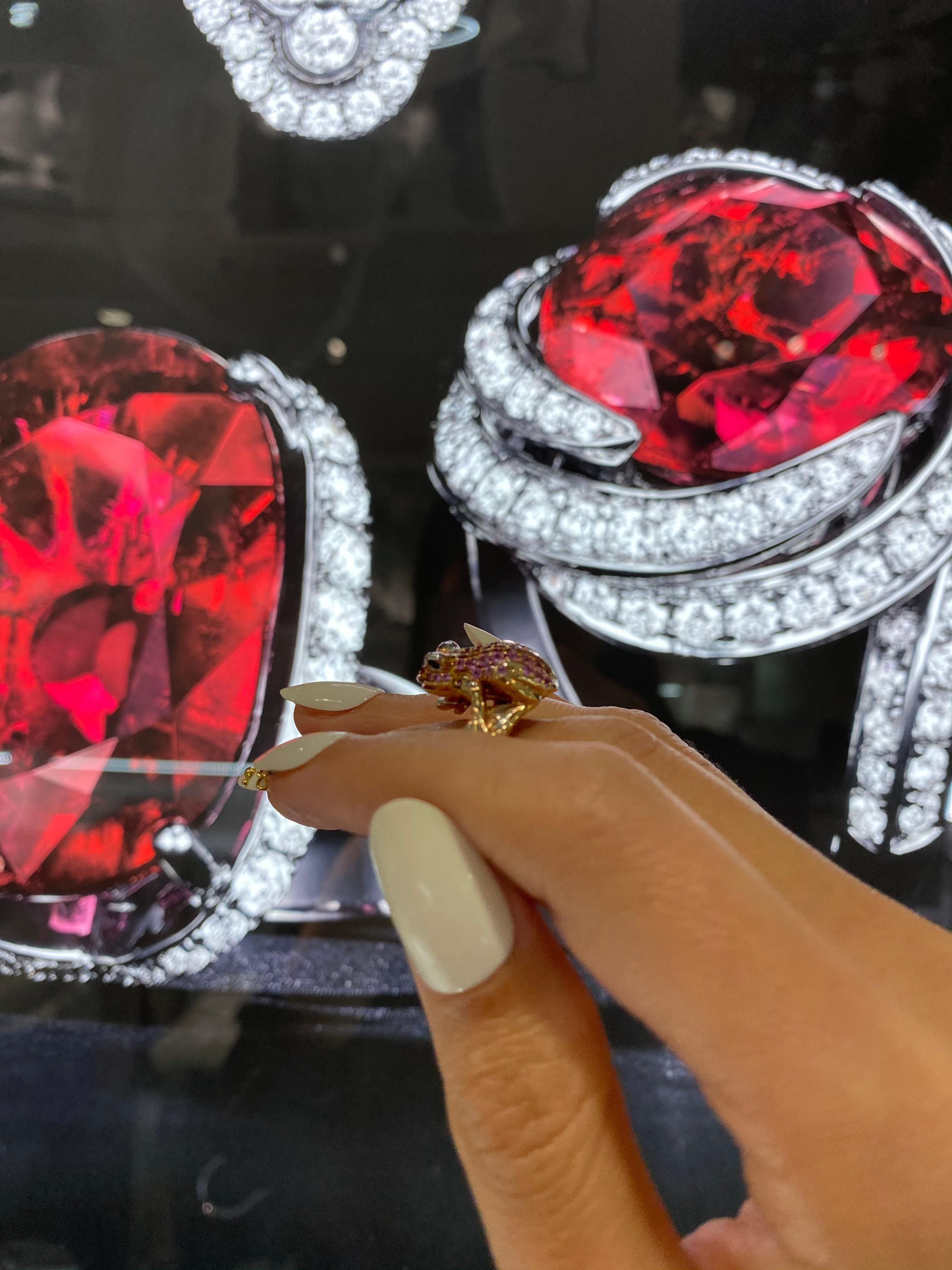 Pink Orange Sapphire Emerald Diamond Pave 18 Karat Rose Gold Frog Animal Ring For Sale 7