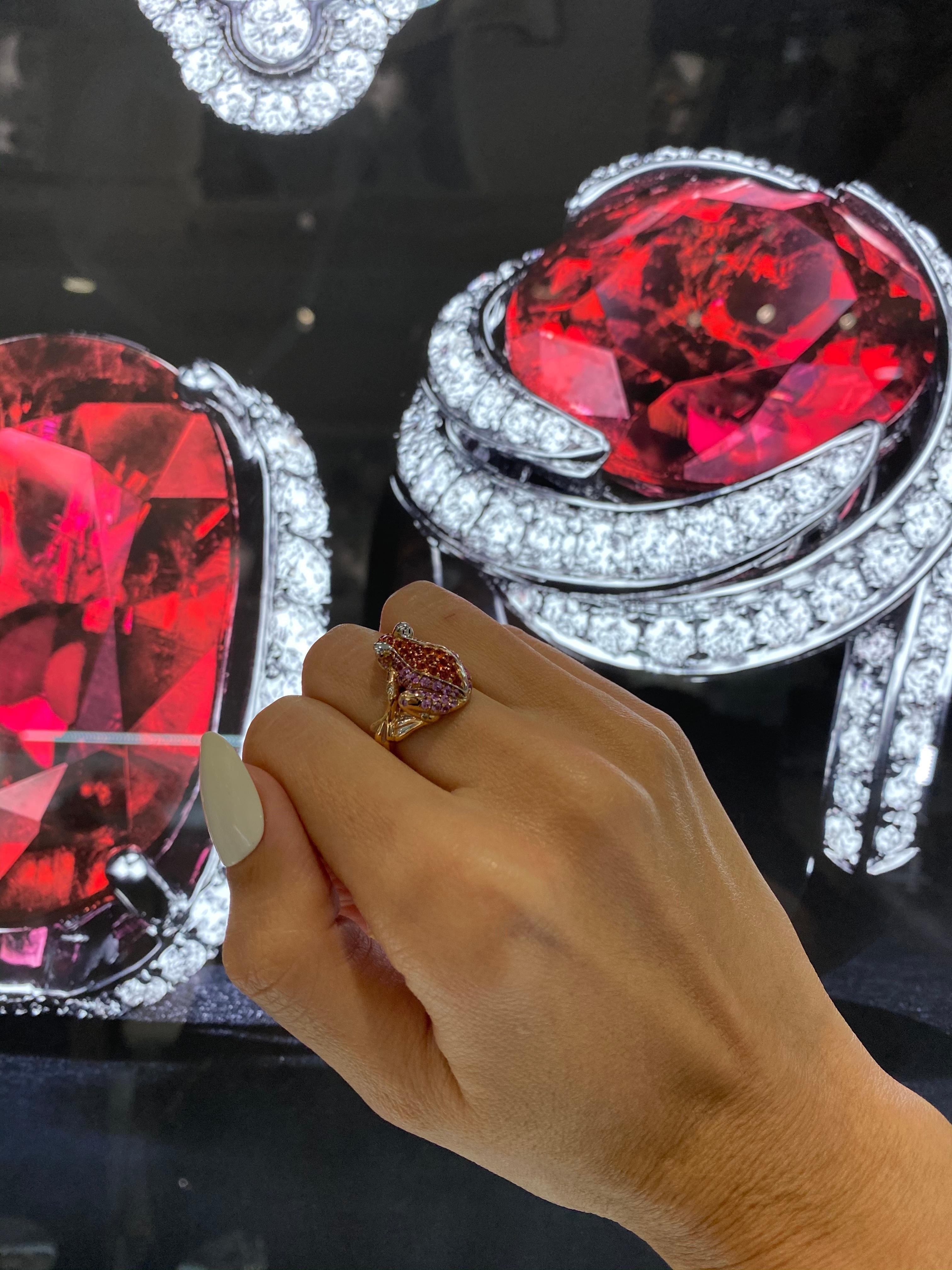 Pink Orange Sapphire Emerald Diamond Pave 18 Karat Rose Gold Frog Animal Ring For Sale 8
