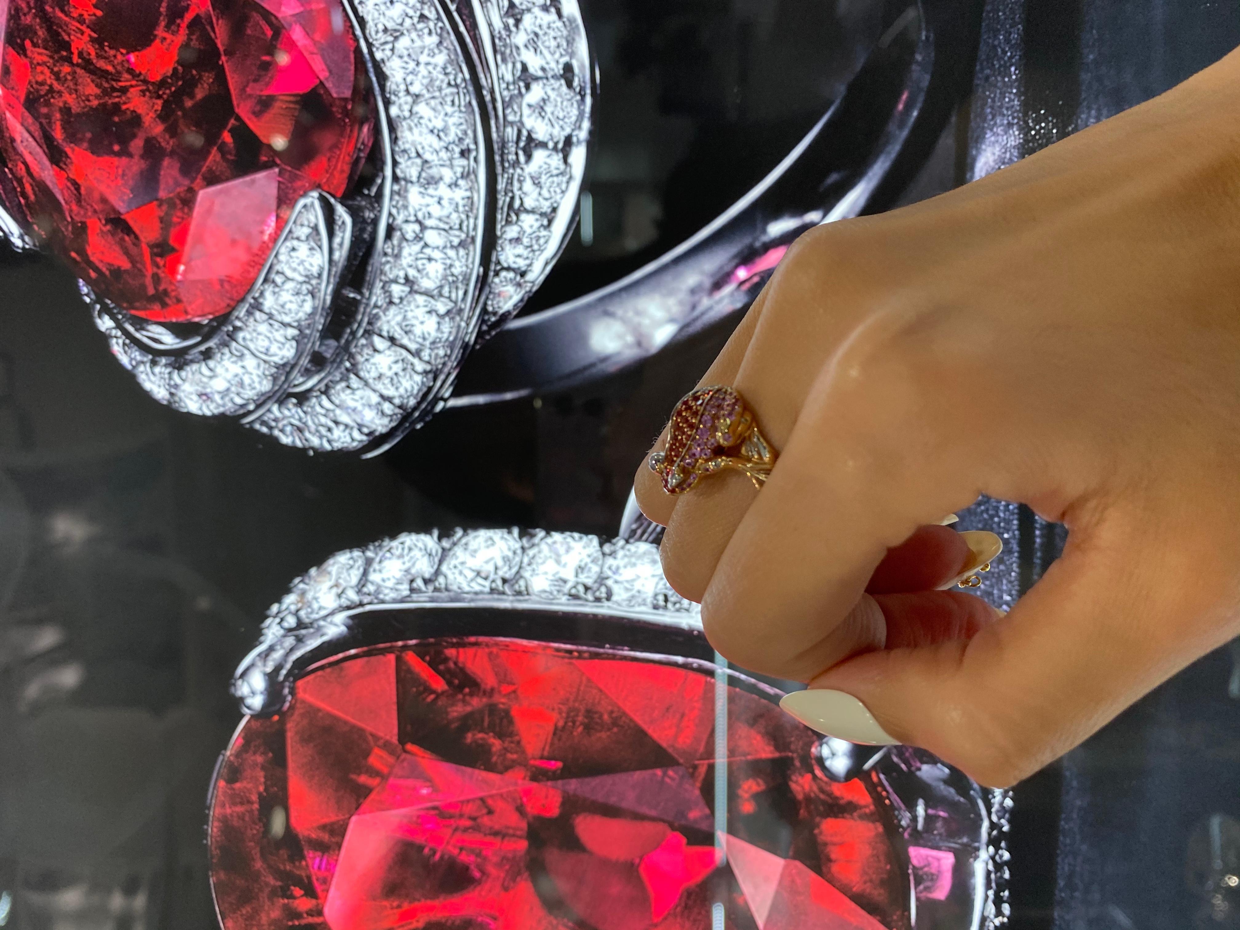 Pink Orange Sapphire Emerald Diamond Pave 18 Karat Rose Gold Frog Animal Ring For Sale 10