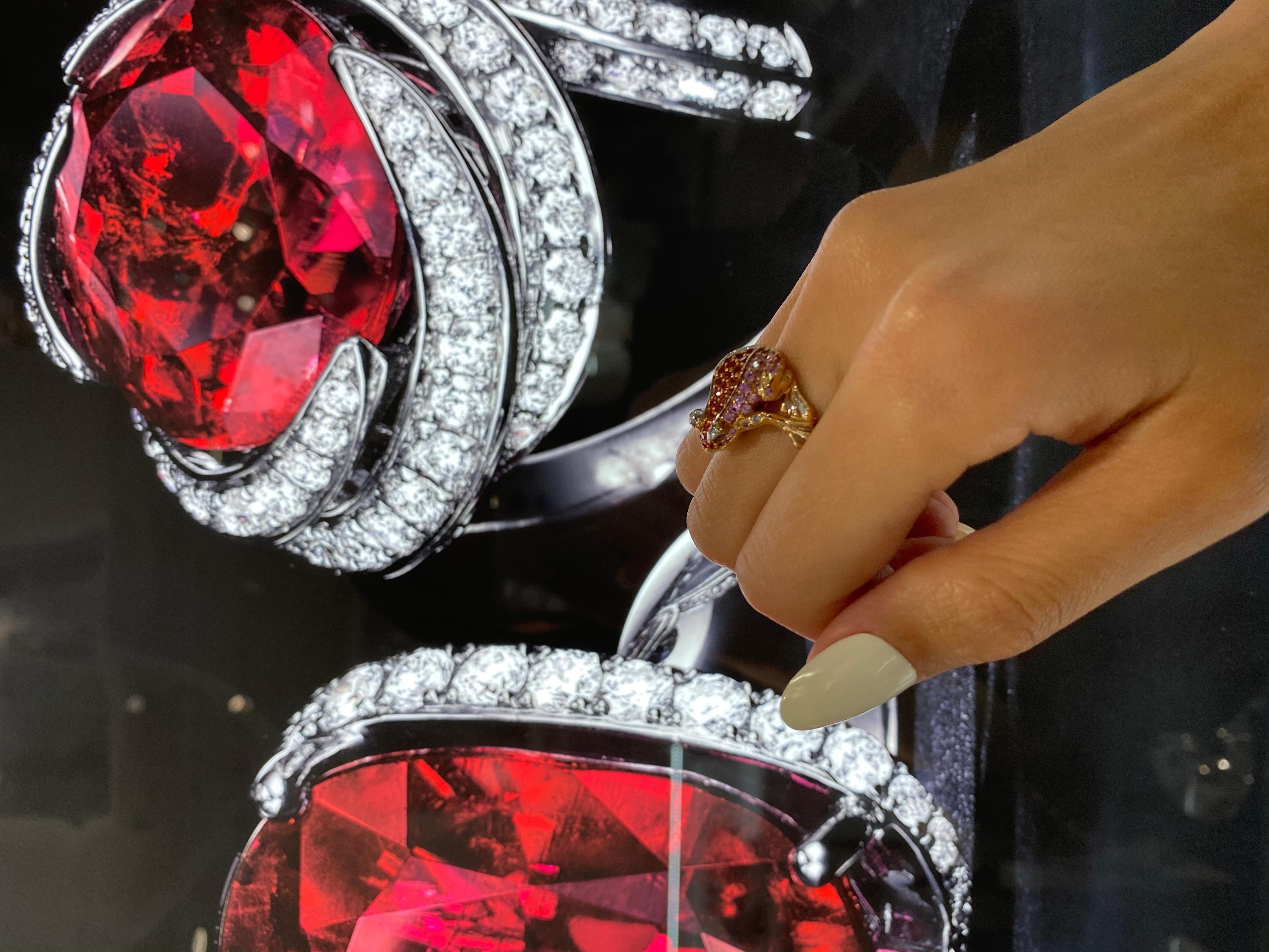 Pink Orange Sapphire Emerald Diamond Pave 18 Karat Rose Gold Frog Animal Ring For Sale 11
