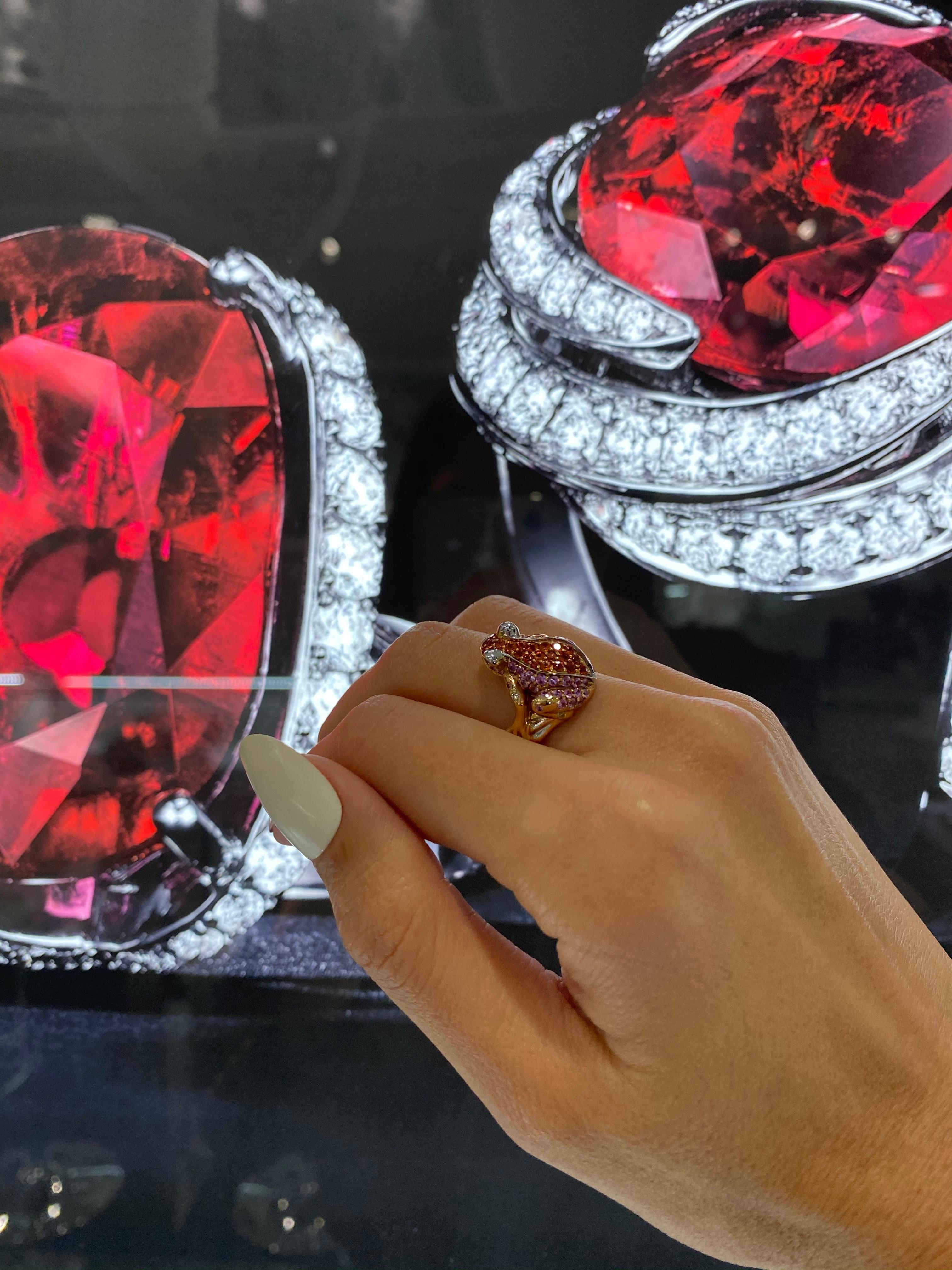 Pink Orange Sapphire Emerald Diamond Pave 18 Karat Rose Gold Frog Animal Ring For Sale 12