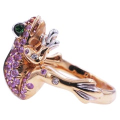Pink Orange Sapphire Emerald Diamond Pave 18 Karat Rose Gold Frog Animal Ring