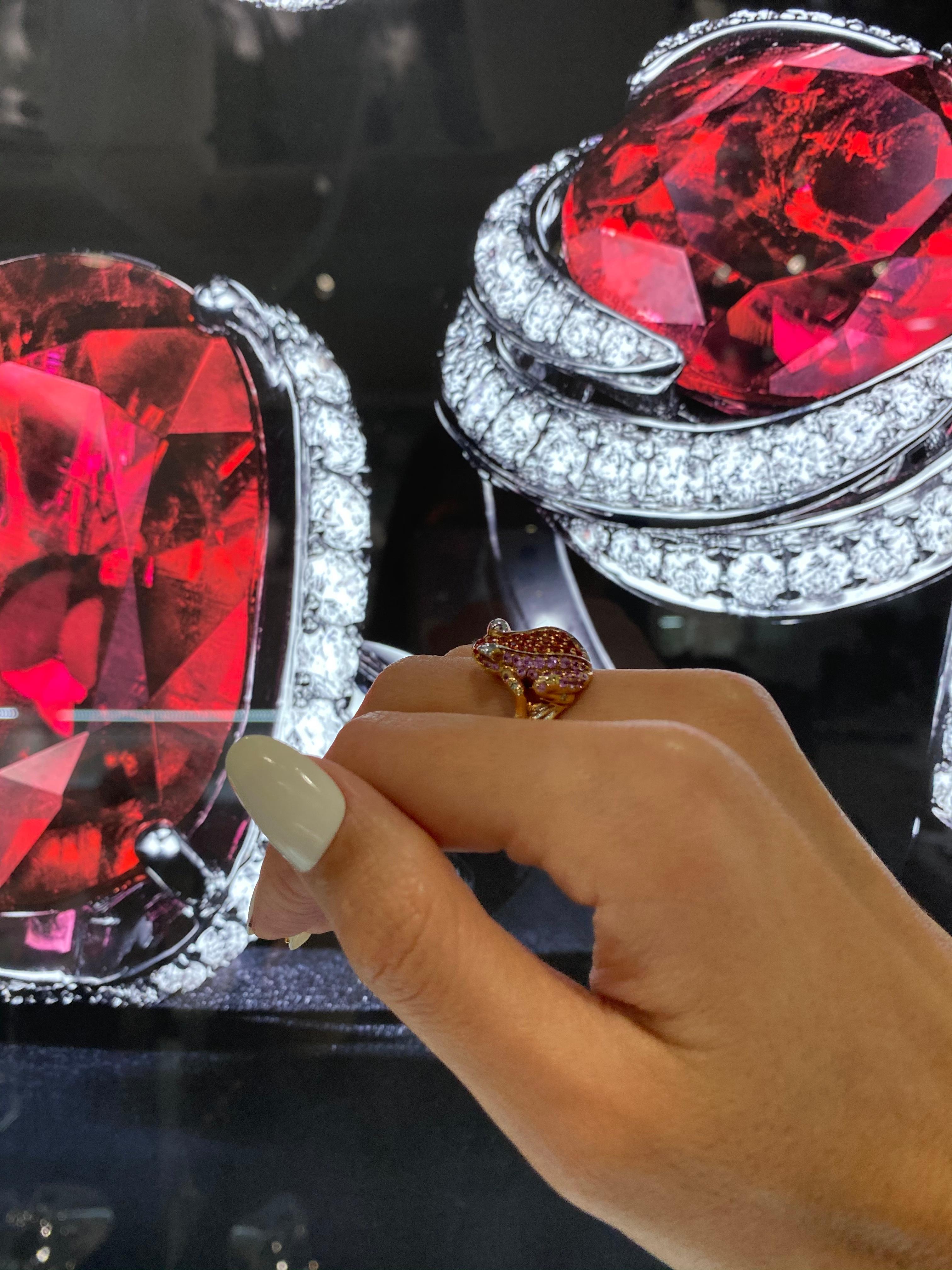 Pink Orange Sapphire Emerald Diamond Pave 18 Karat Rose Gold Frog Animal Ring For Sale 13