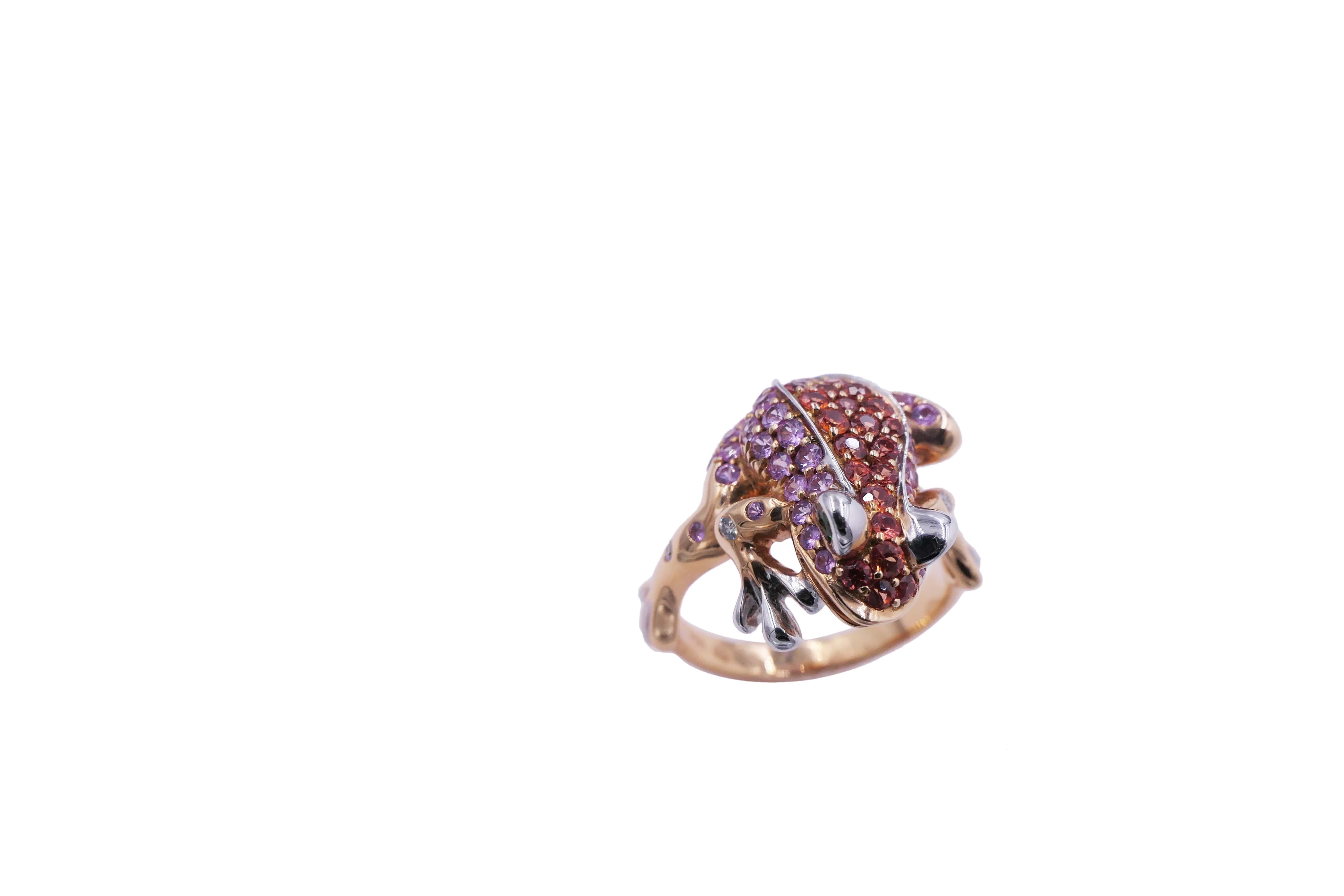 Art Deco Pink Orange Sapphire Emerald Diamond Pave 18 Karat Rose Gold Frog Animal Ring For Sale