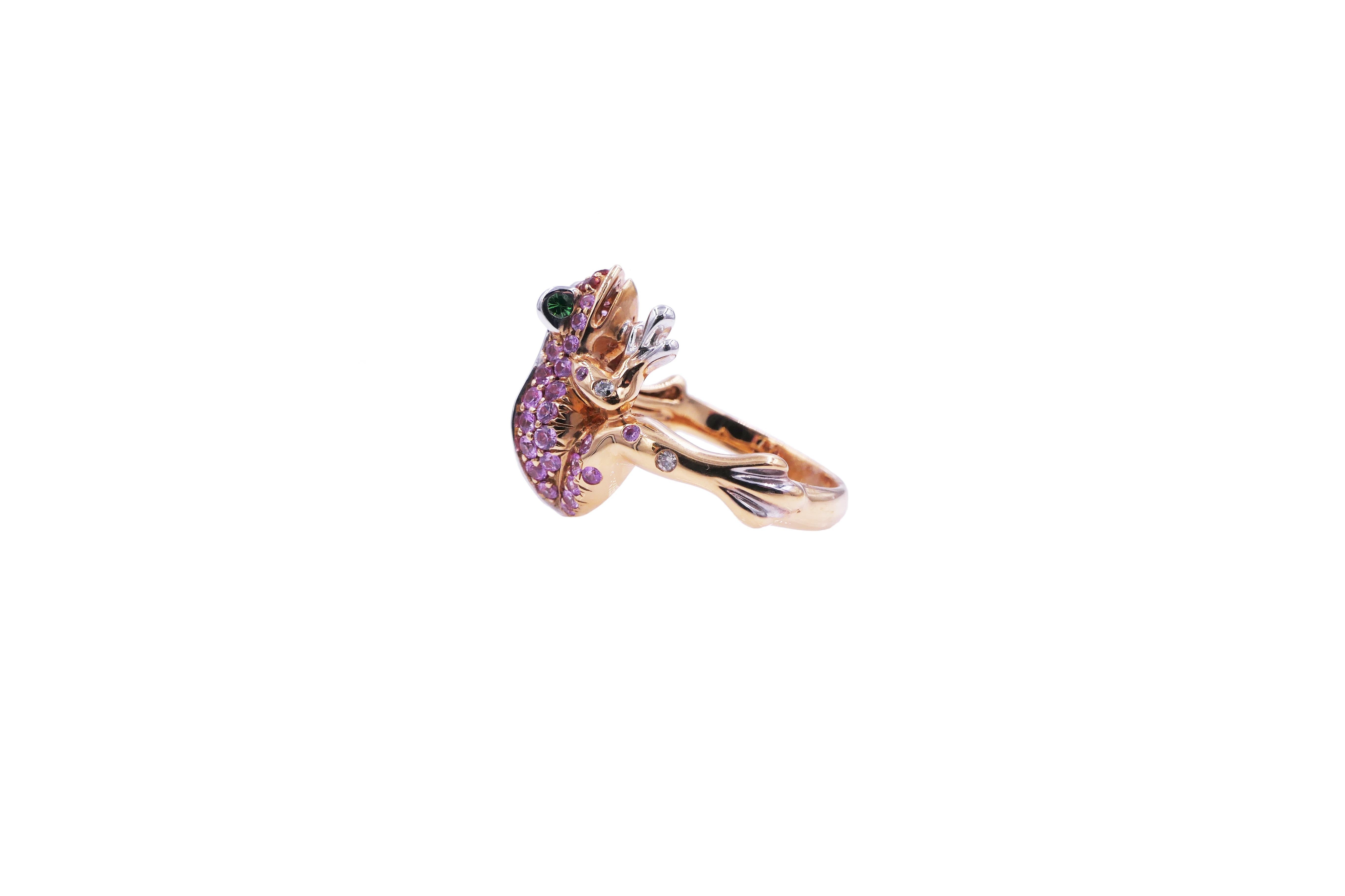 Mixed Cut Pink Orange Sapphire Emerald Diamond Pave 18 Karat Rose Gold Frog Animal Ring For Sale