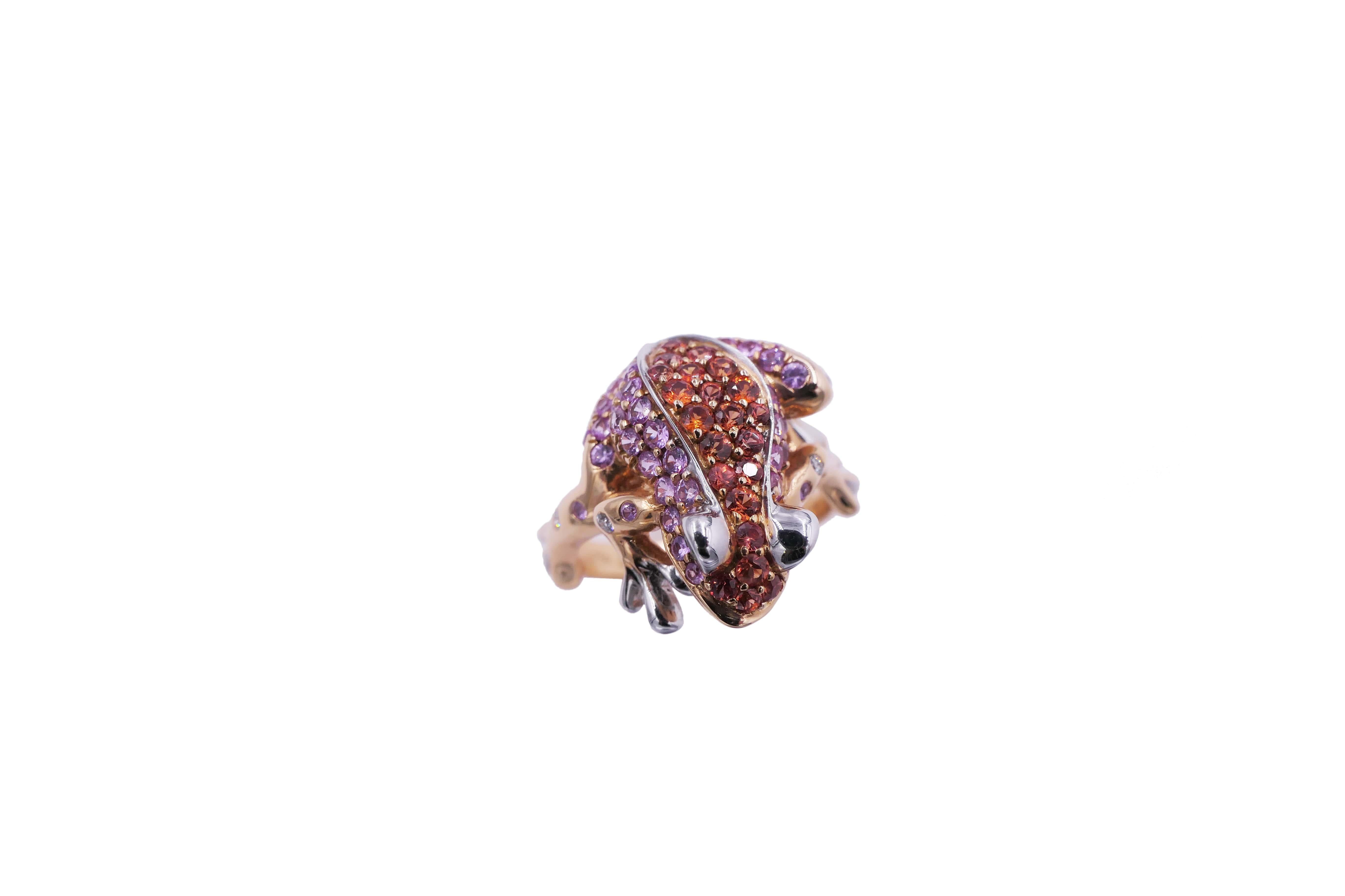 Pink Orange Sapphire Emerald Diamond Pave 18 Karat Rose Gold Frog Animal Ring In New Condition For Sale In Oakton, VA
