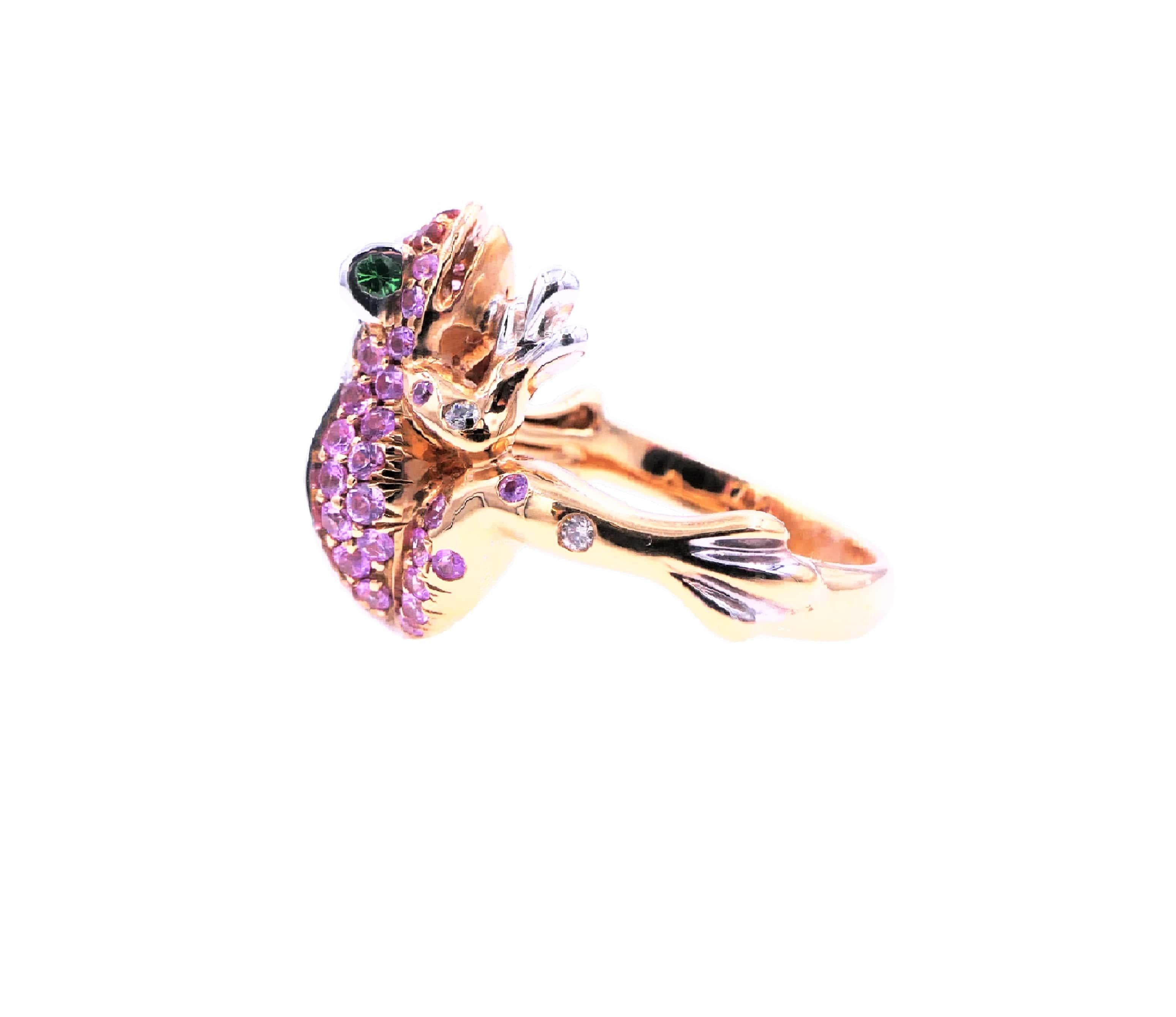 Women's or Men's Pink Orange Sapphire Emerald Diamond Pave 18 Karat Rose Gold Frog Animal Ring For Sale