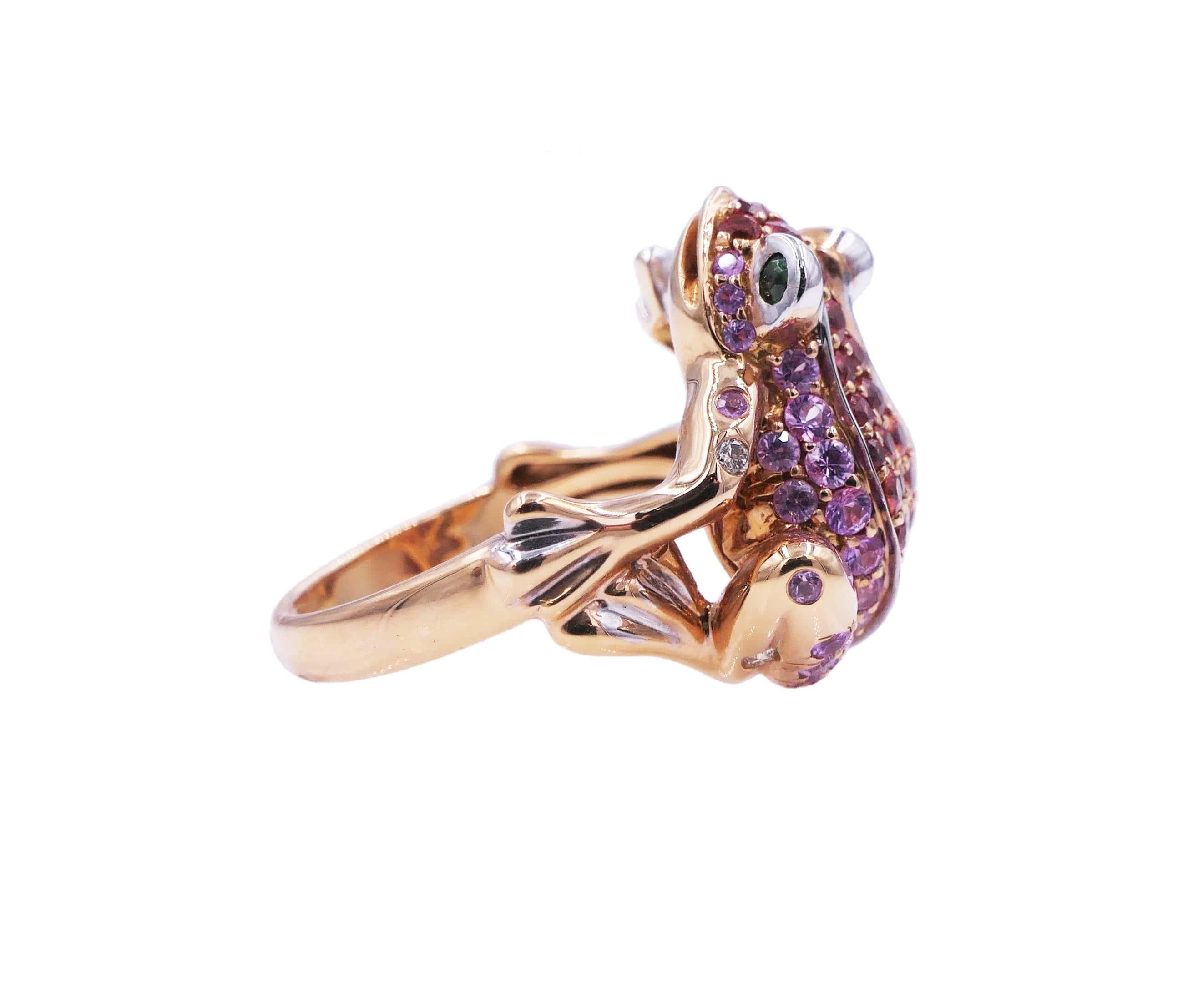 Pink Orange Sapphire Emerald Diamond Pave 18 Karat Rose Gold Frog Animal Ring For Sale 2