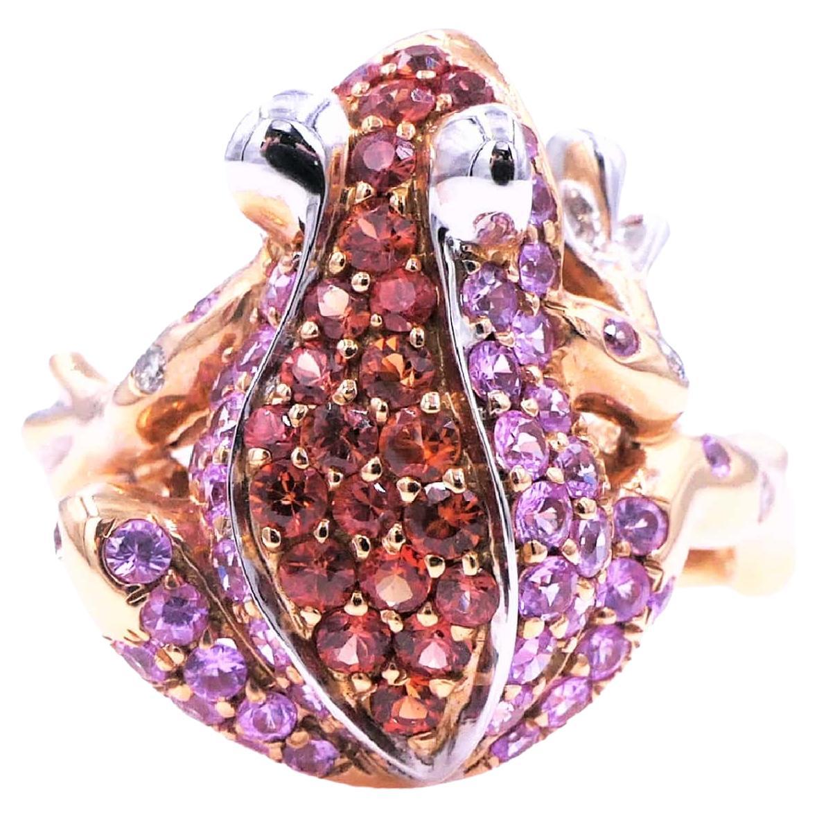 Pink Orange Sapphire Emerald Diamond Pave 18 Karat Rose Gold Frog Animal Ring