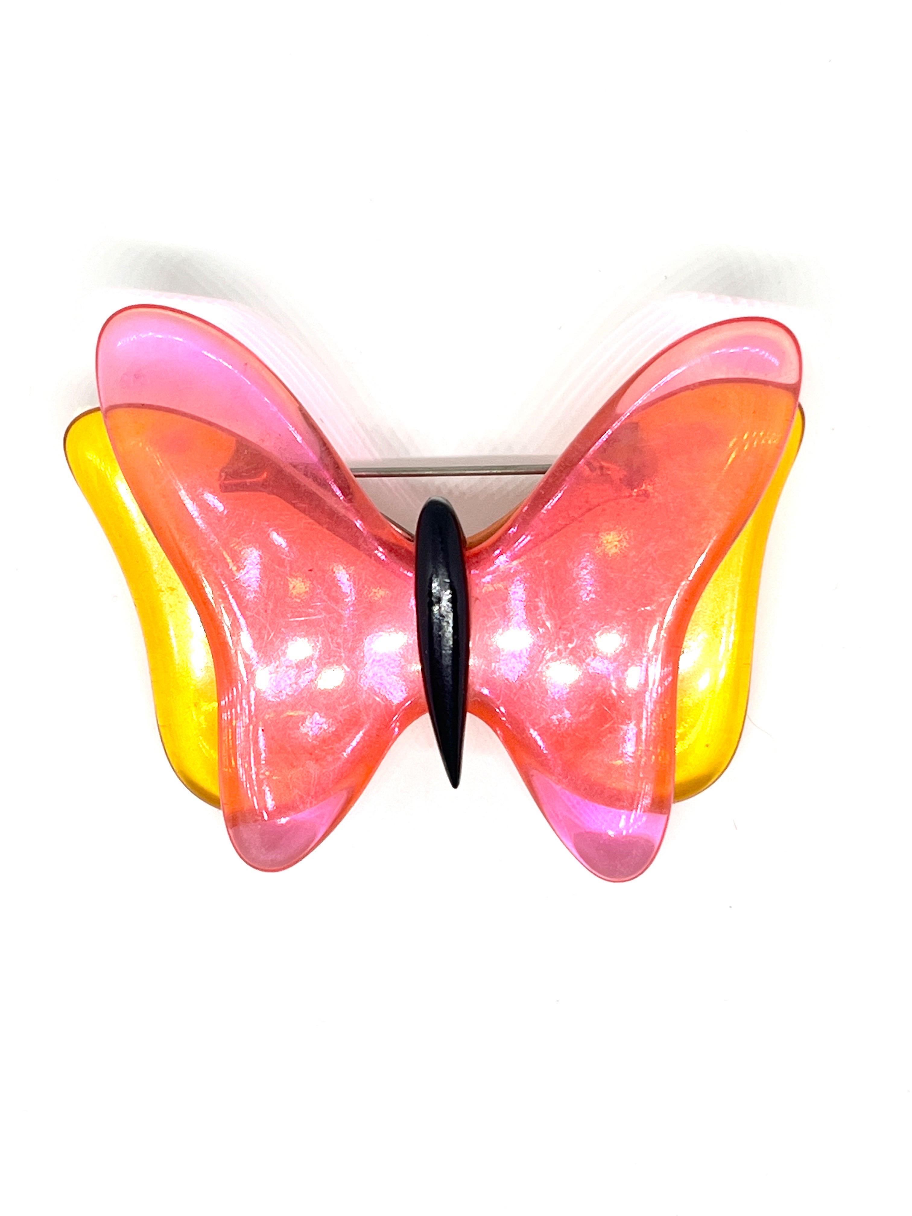 Modern Pink Orange Twiggy-Style Mod Transparent Lucite Butterfly Brooch c. 1960s For Sale