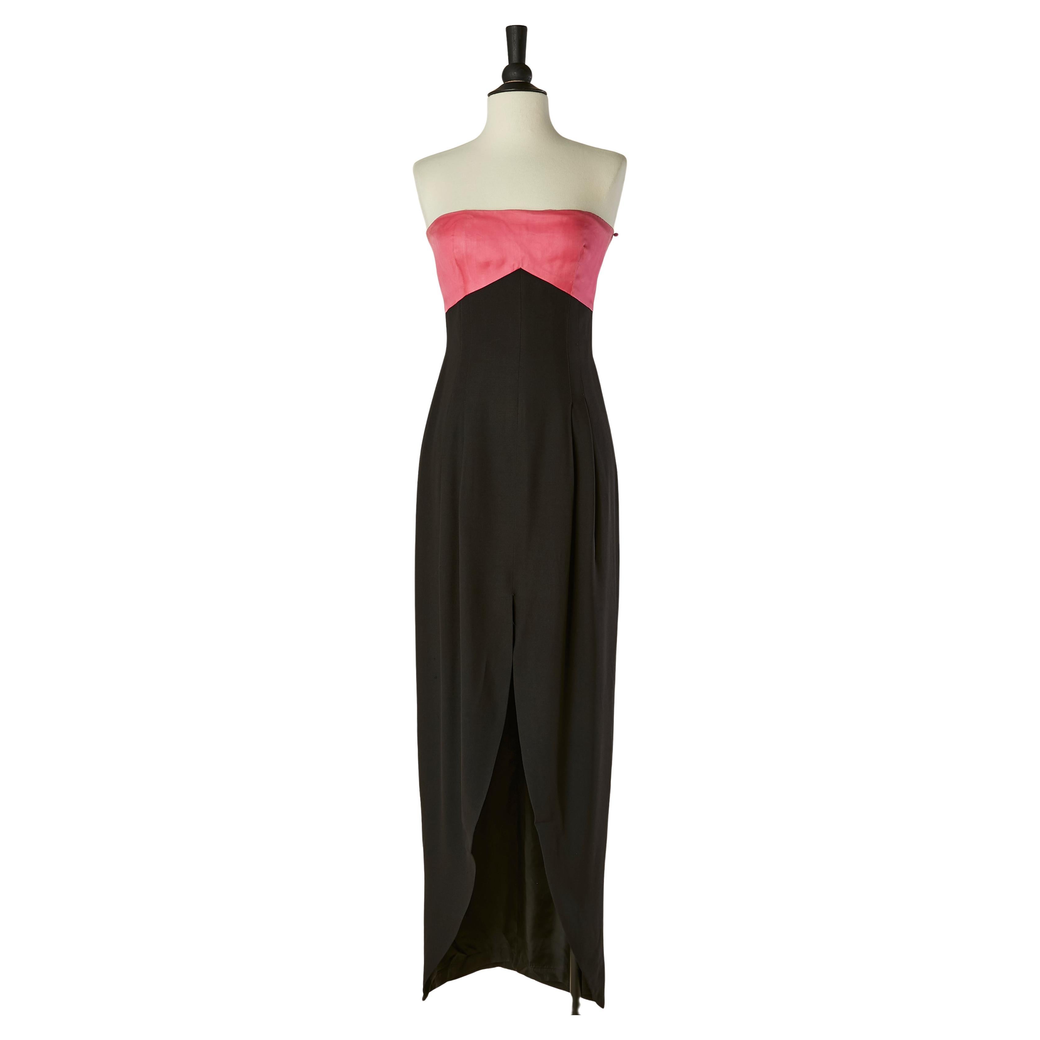 Robe de soirée à bustier en organdi rose et crêpe noir GUY LAROCHE Circa 1980's en vente
