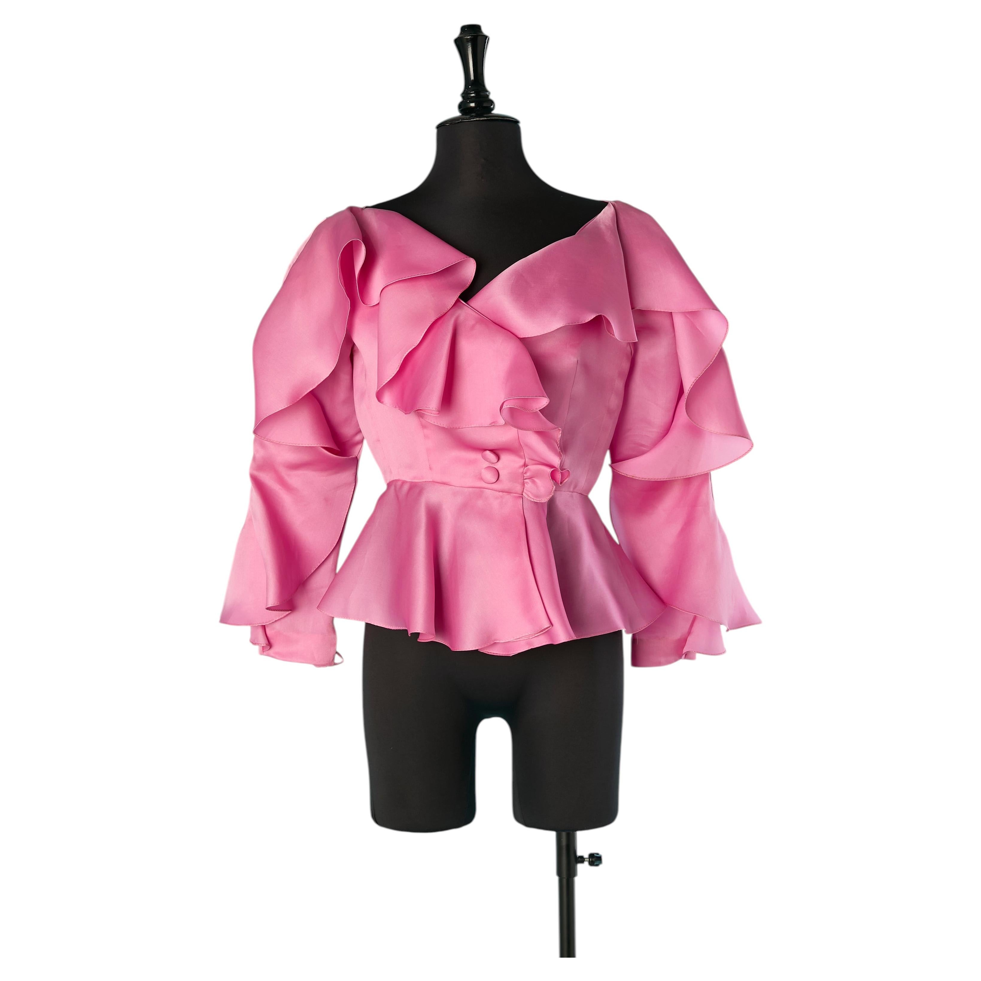 Camicetta in organza rosa con volant Bill Blass for Neiman Marcus