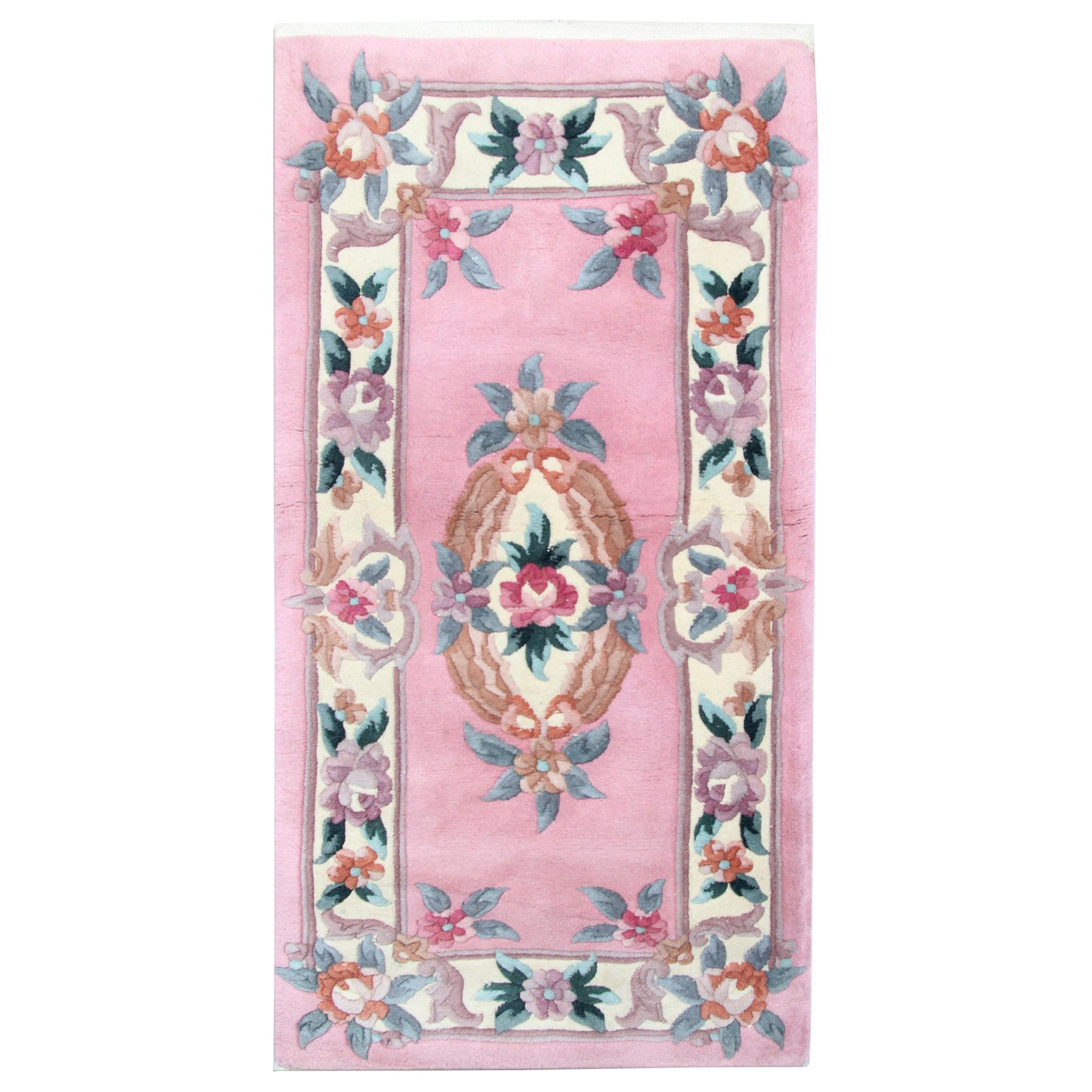 Pink Oriental Chinese Rug, Traditional Carpet Vintage Wool Area Rug