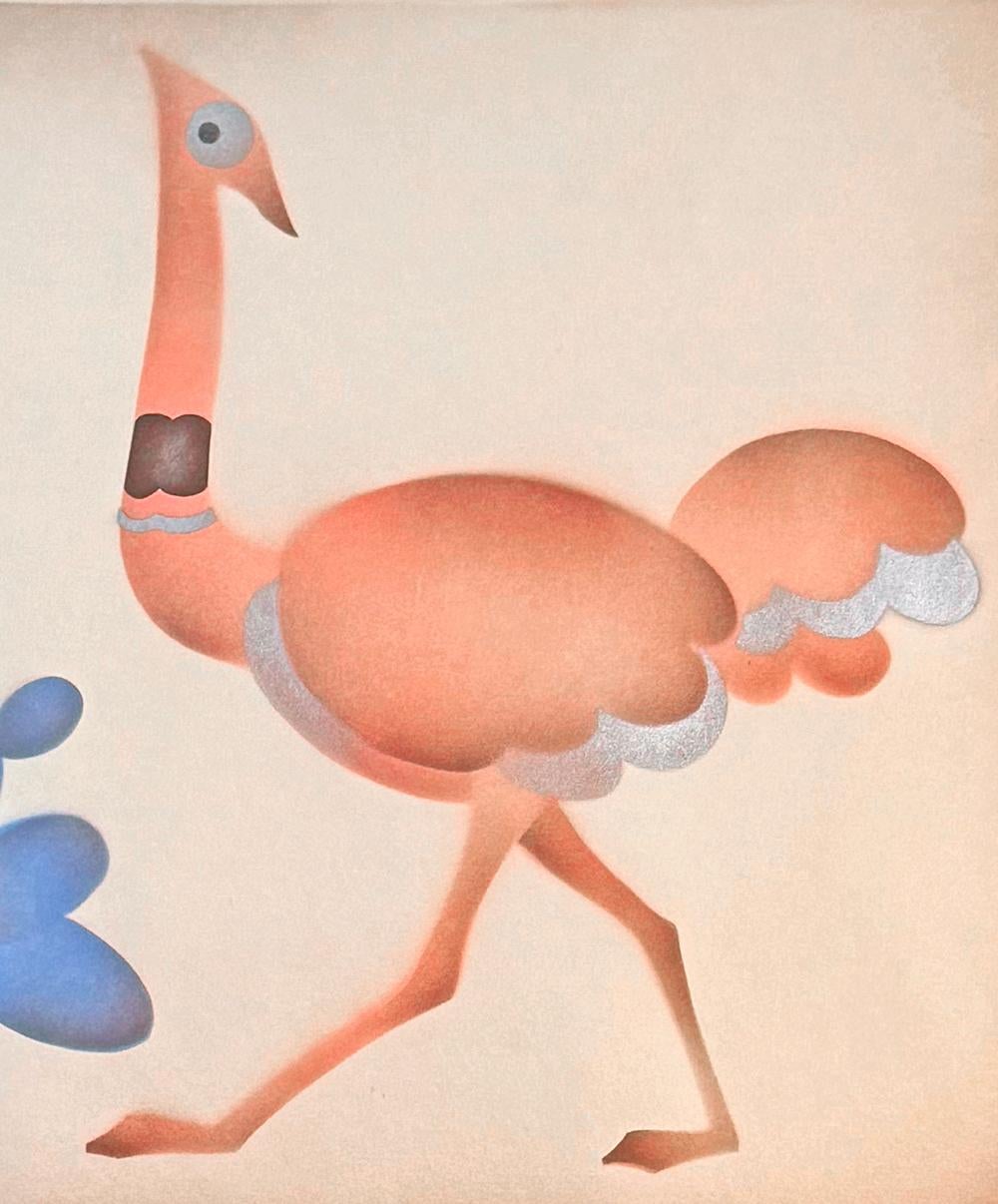 A wonderful example of Art Deco painting by William Hentschel, this depiction of a pink ostrich near a purple flowering plant has the feeling of 1930s and 40s animation such as Disney's 
