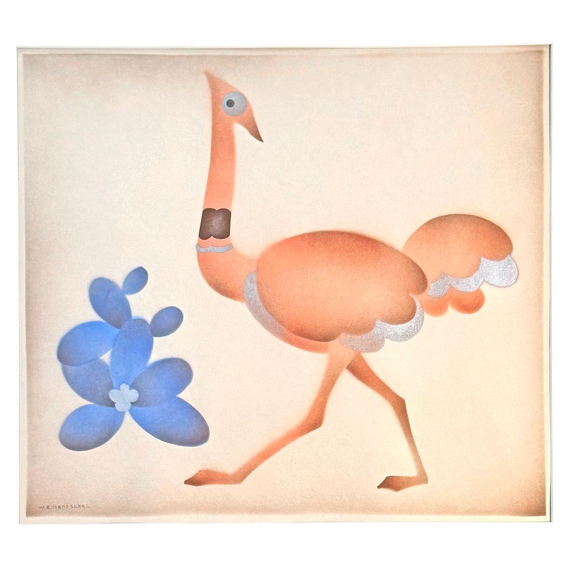 "Pink Ostrich", Art Deco Painting, Gouache, William Hentschel, Rookwood Artist For Sale