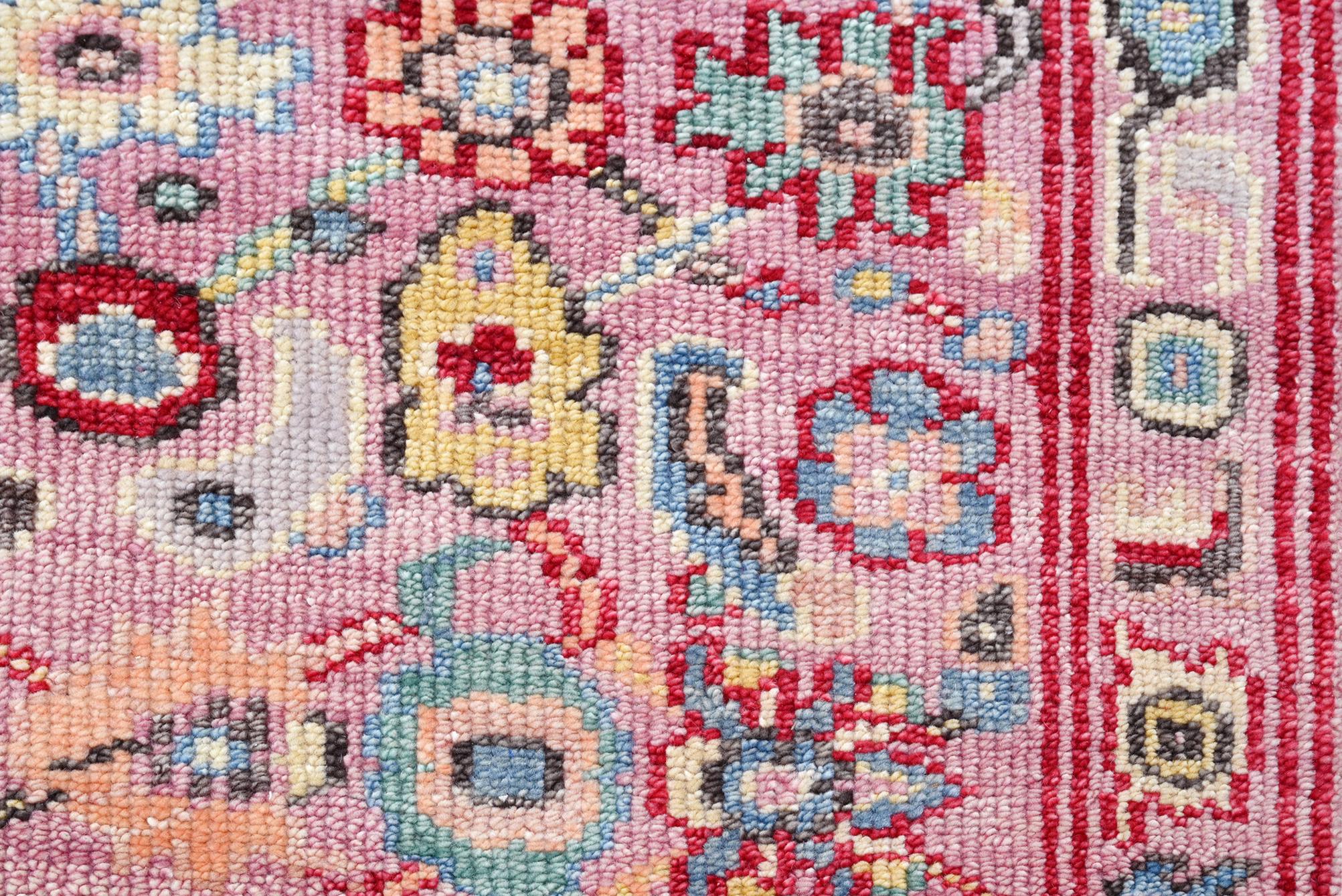 Hand-Knotted Pink Oushak Runner For Sale