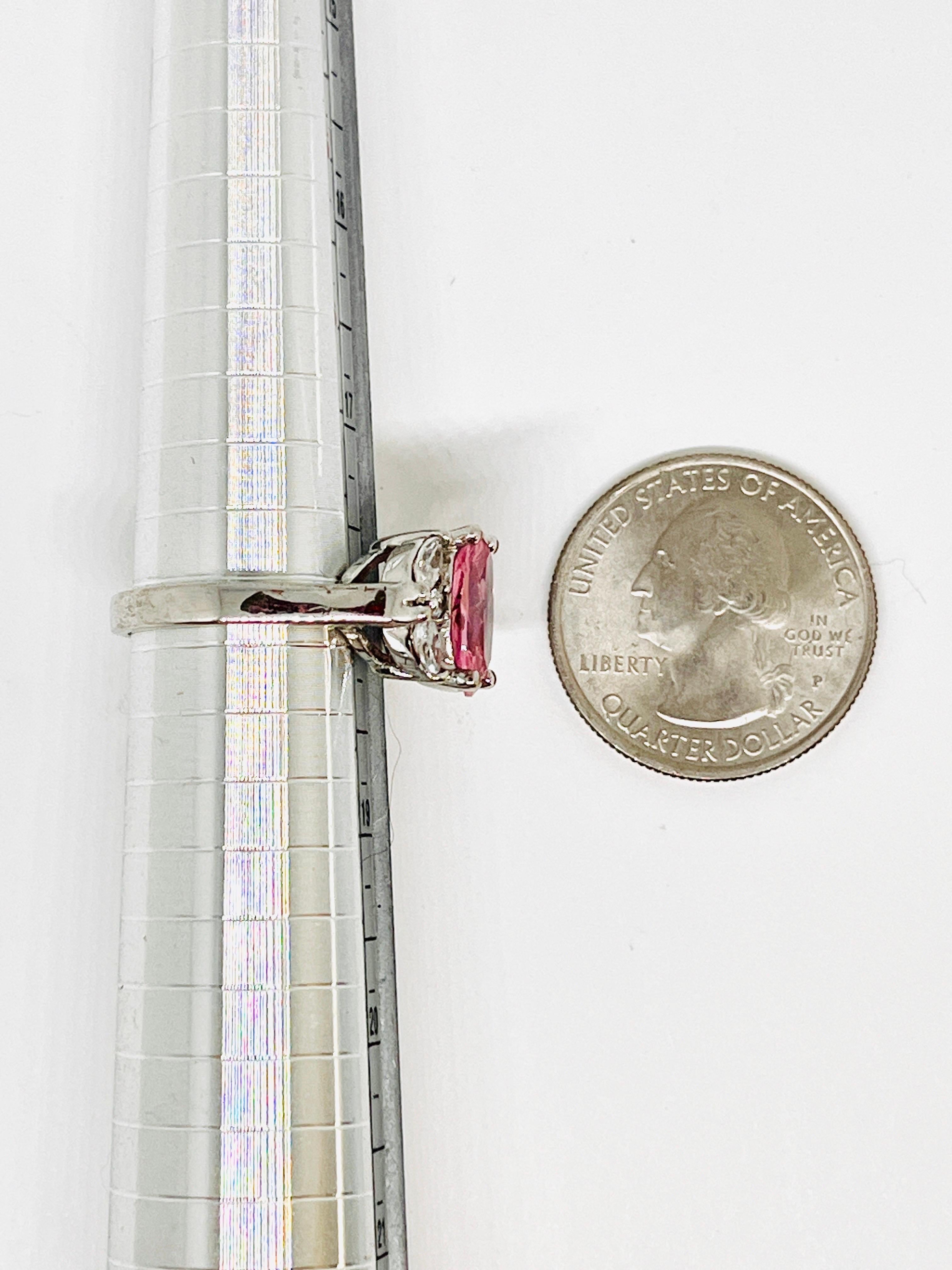 Pink Oval Cut CZ Silver Ring, October Birthstone, Clear Marquise Accent Stones For Sale 5