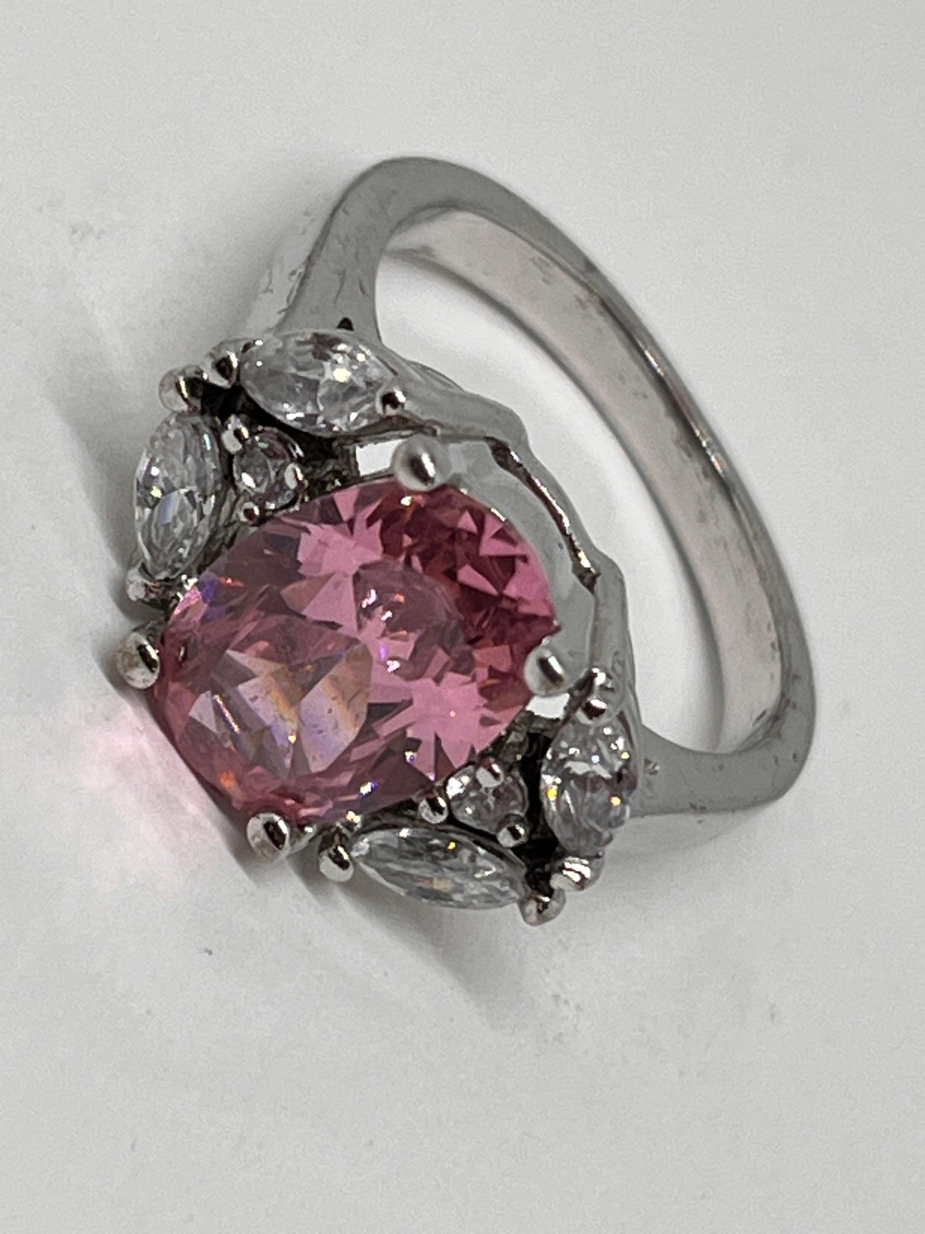 Pink Oval Cut CZ Silver Ring, October Birthstone, Clear Marquise Accent Stones For Sale 6