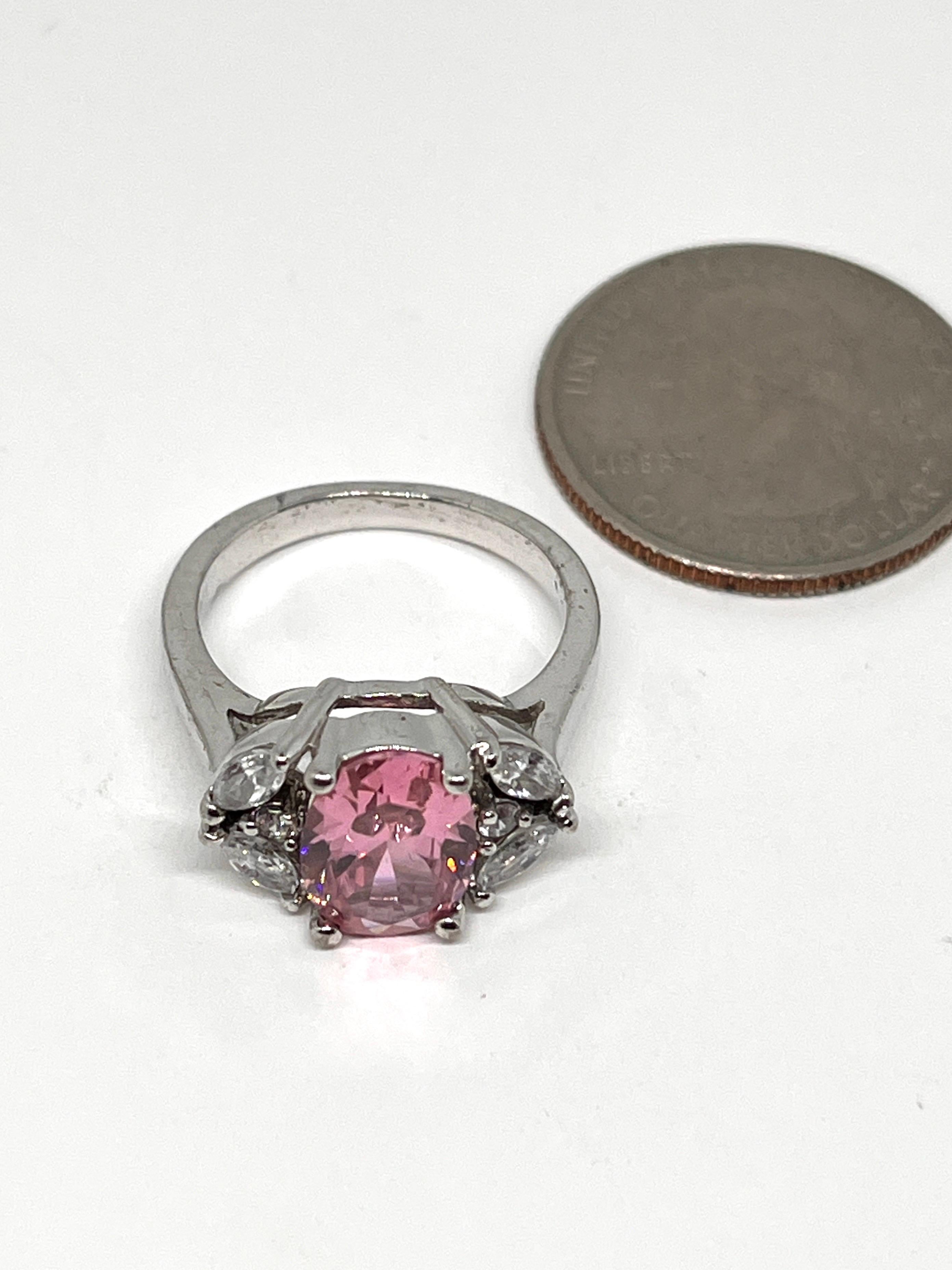 Pink Oval Cut CZ Silver Ring, October Birthstone, Clear Marquise Accent Stones For Sale 8