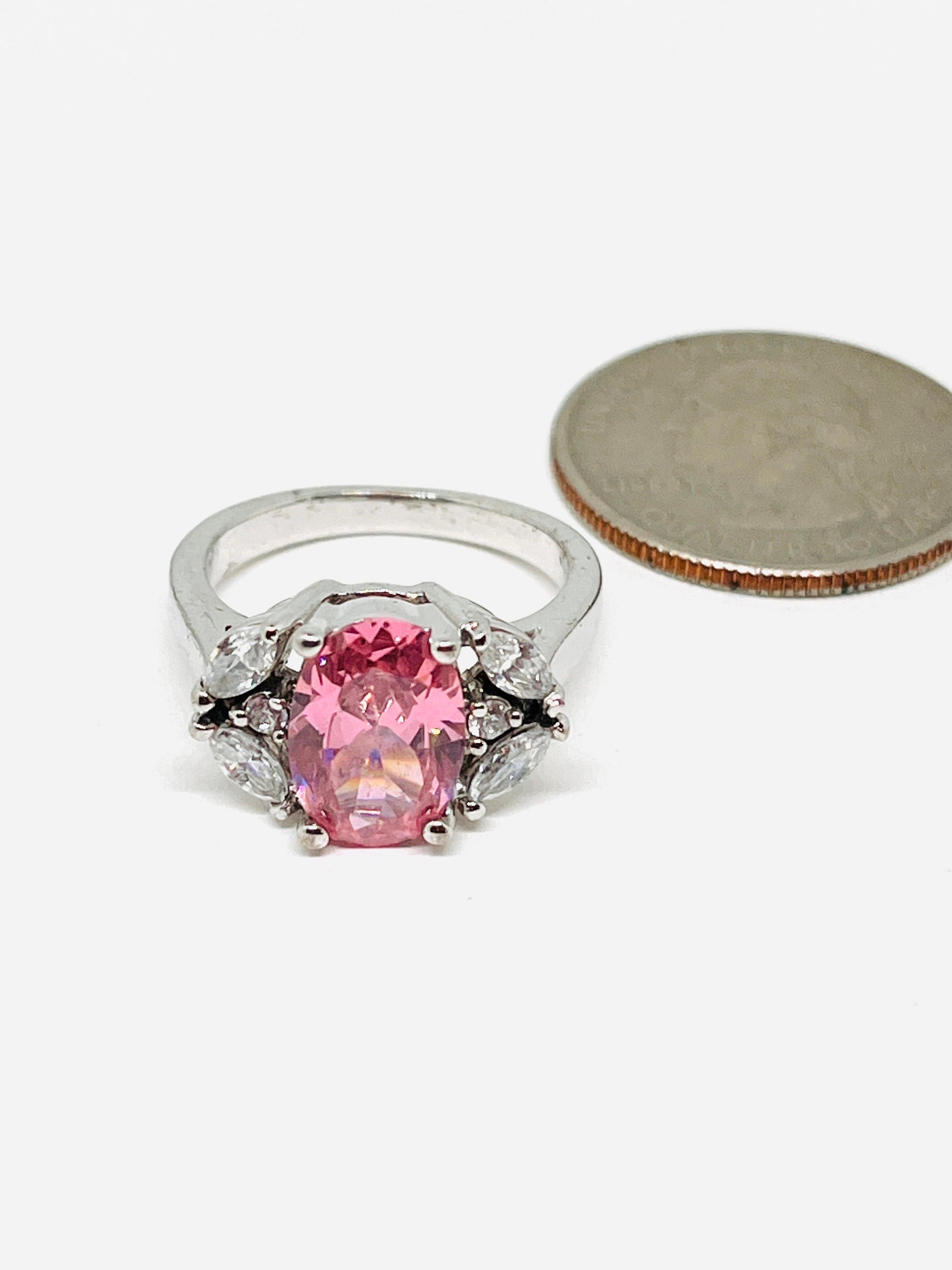 Pink Oval Cut CZ Silver Ring, October Birthstone, Clear Marquise Accent Stones For Sale 9