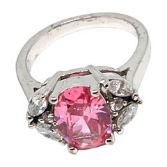 Pink Oval Cut CZ Silver Ring, October Birthstone, Clear Marquise Accent Stones