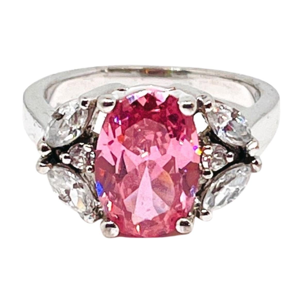 Modern Pink Oval Cut CZ Silver Ring, October Birthstone, Clear Marquise Accent Stones For Sale