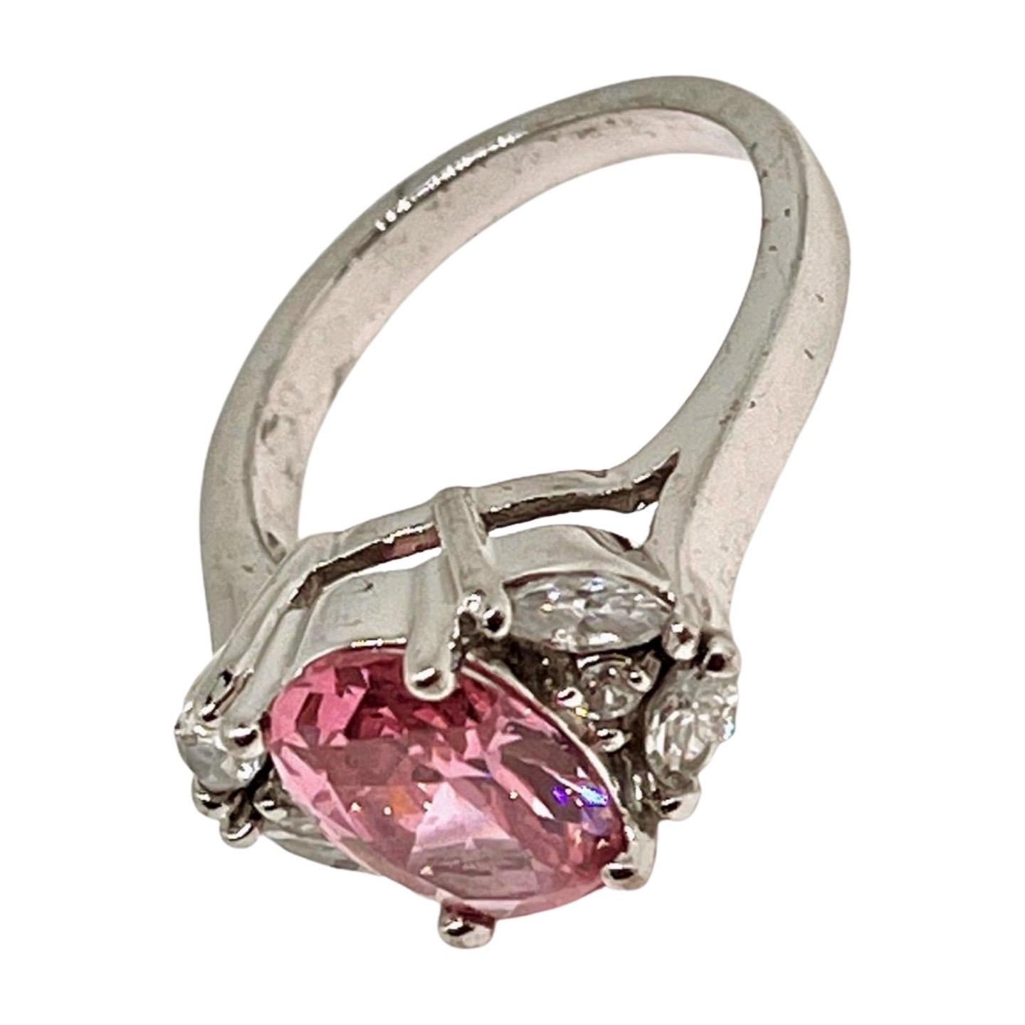 Pink Oval Cut CZ Silver Ring, October Birthstone, Clear Marquise Accent Stones In Good Condition For Sale In Lynnwood, WA