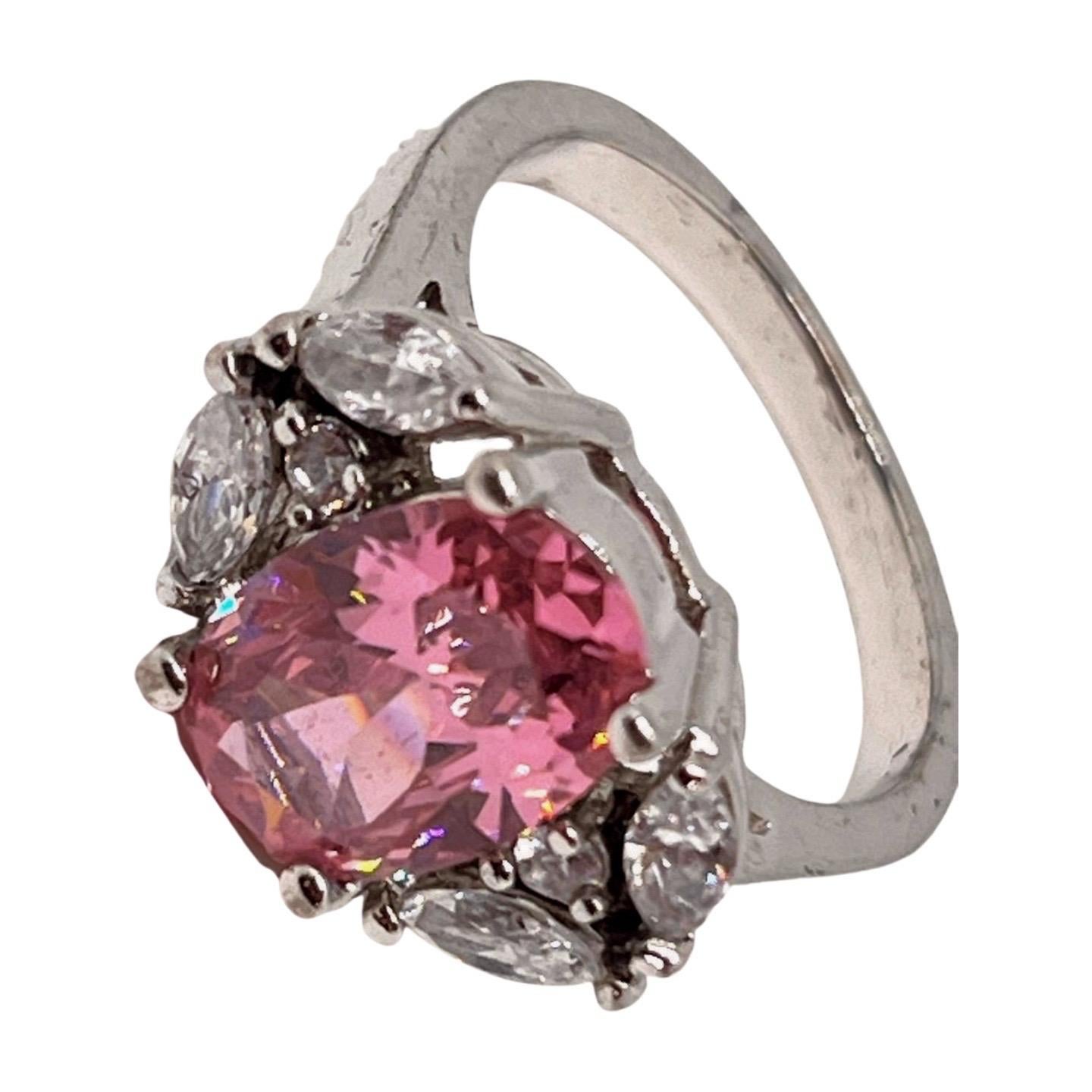 Women's Pink Oval Cut CZ Silver Ring, October Birthstone, Clear Marquise Accent Stones For Sale