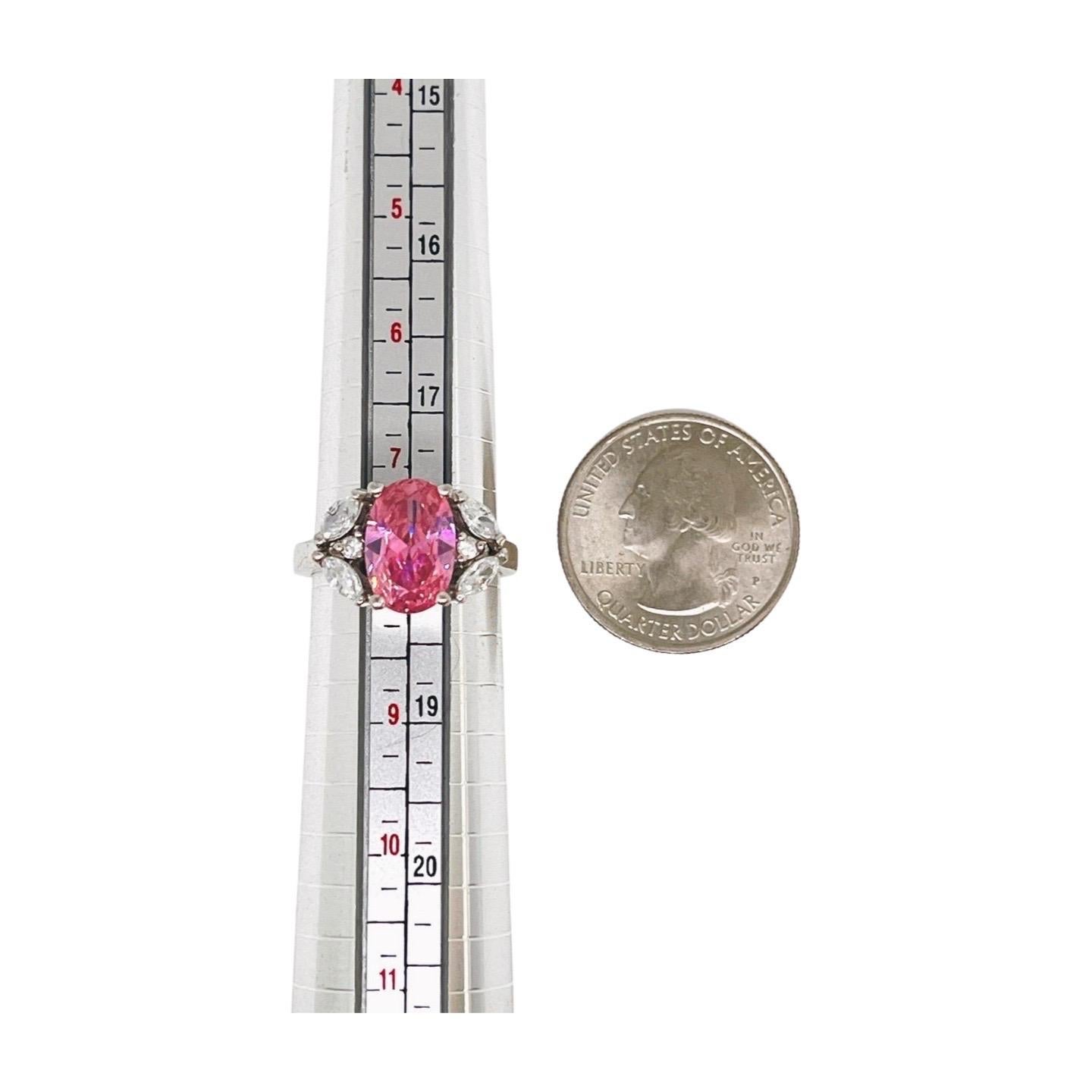 Pink Oval Cut CZ Silver Ring, October Birthstone, Clear Marquise Accent Stones For Sale 1