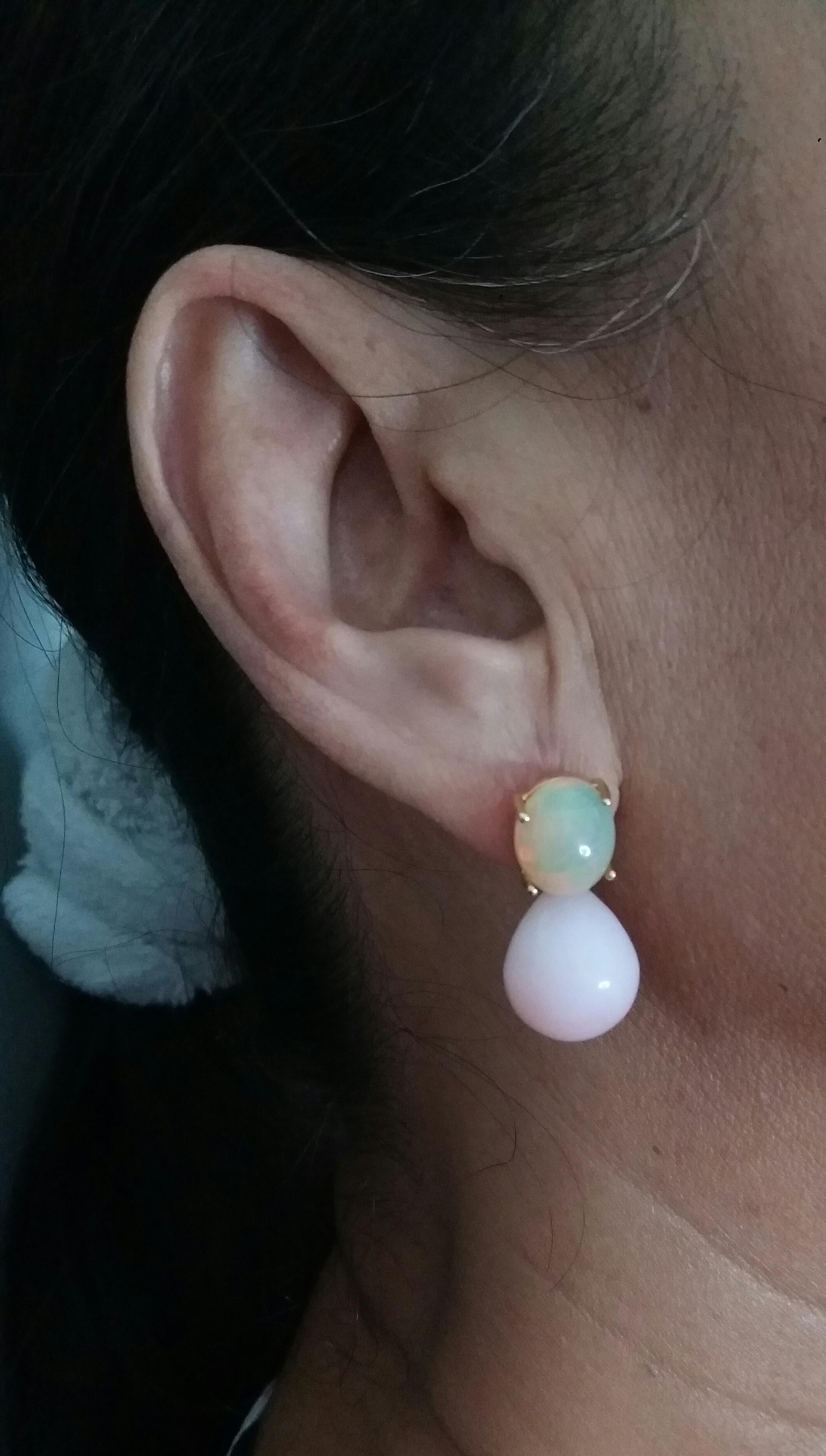 Pink Oval Round Drops Oval Solid Opal Cabochons 14 Karat Yellow Gold Earrings For Sale 5