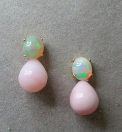 Pink Oval Round Drops Oval Solid Opal Cabochons 14 Karat Yellow Gold Earrings