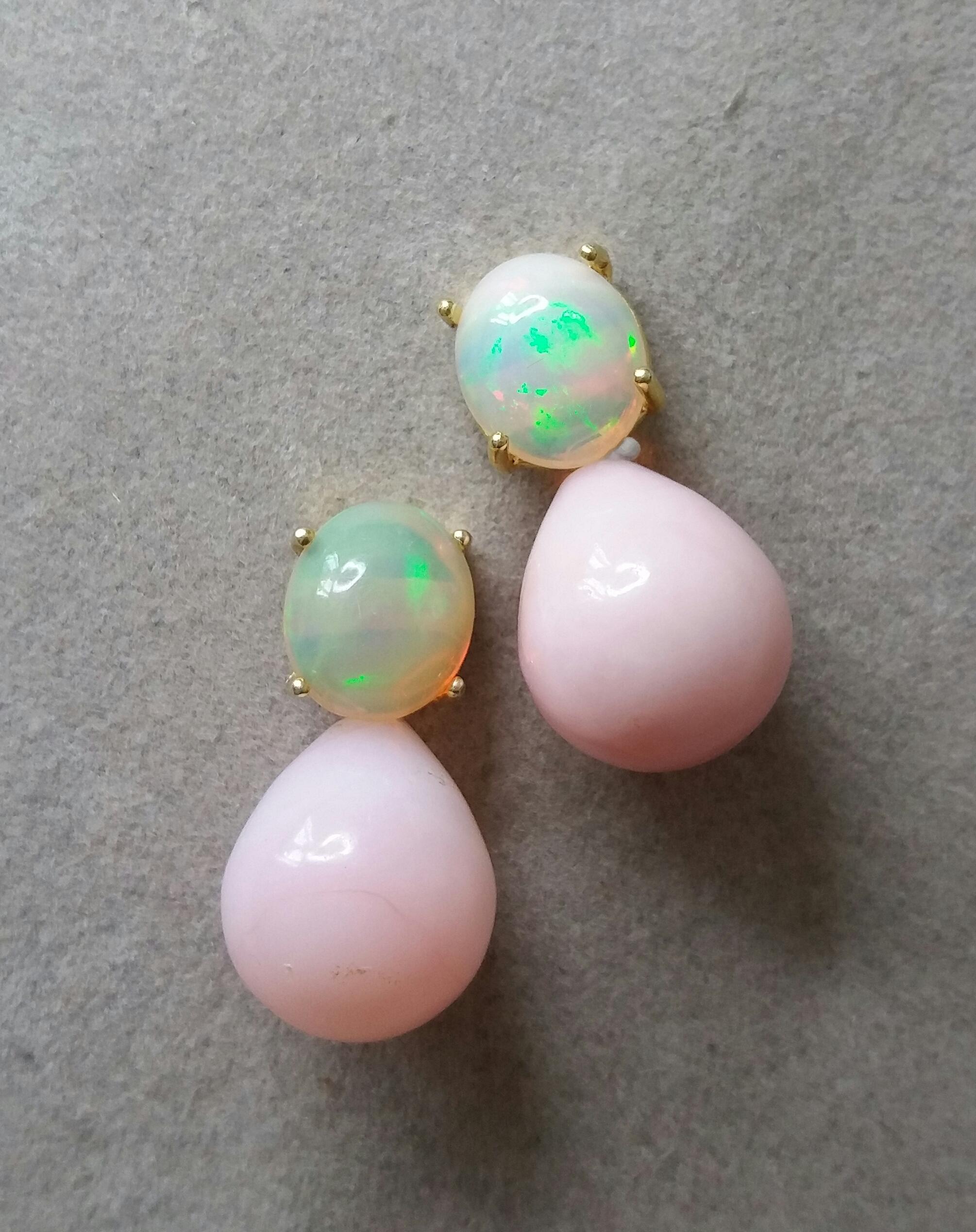 Contemporary Pink Oval Round Drops Oval Solid Opal Cabochons 14 Karat Yellow Gold Earrings For Sale