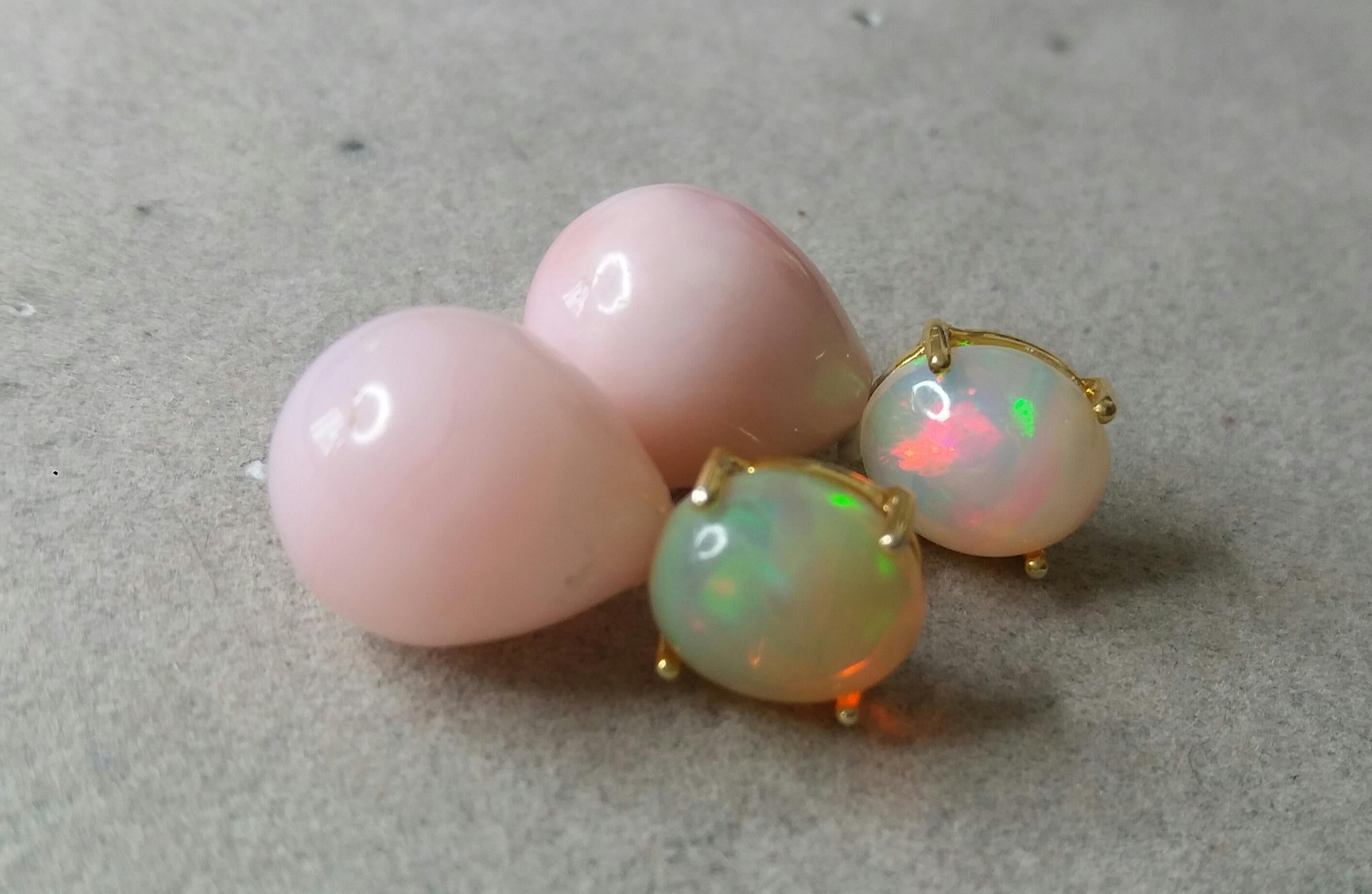 Pear Cut Pink Oval Round Drops Oval Solid Opal Cabochons 14 Karat Yellow Gold Earrings For Sale