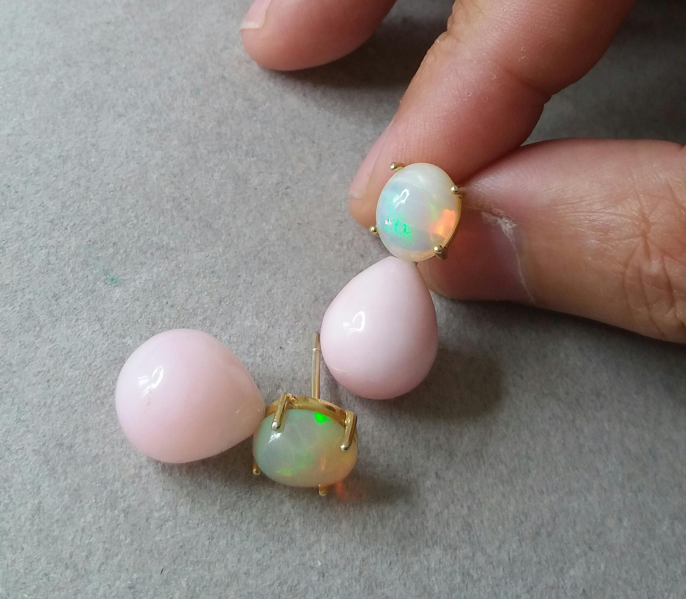 Pink Oval Round Drops Oval Solid Opal Cabochons 14 Karat Yellow Gold Earrings In Good Condition For Sale In Bangkok, TH