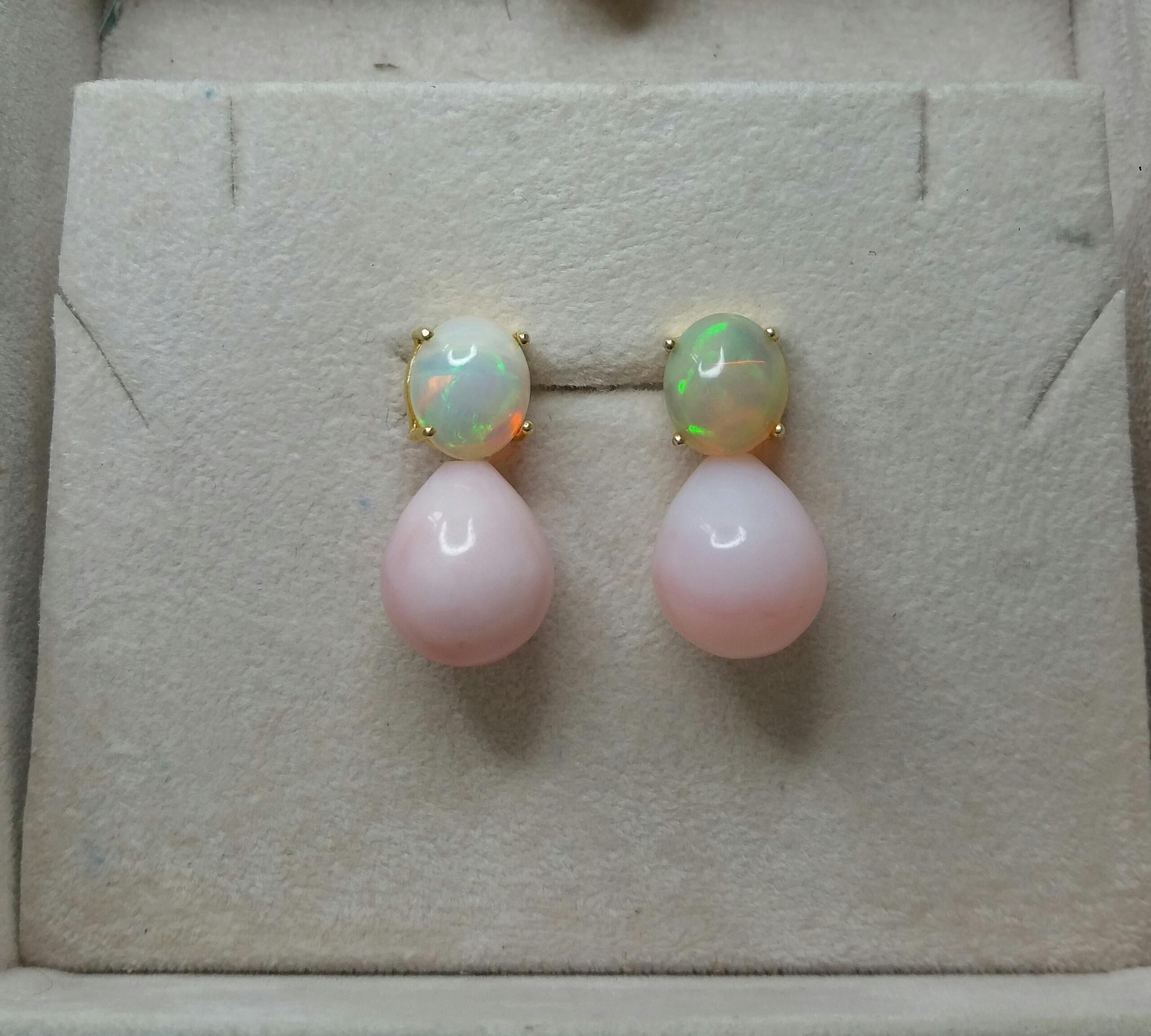 Pink Oval Round Drops Oval Solid Opal Cabochons 14 Karat Yellow Gold Earrings For Sale 1