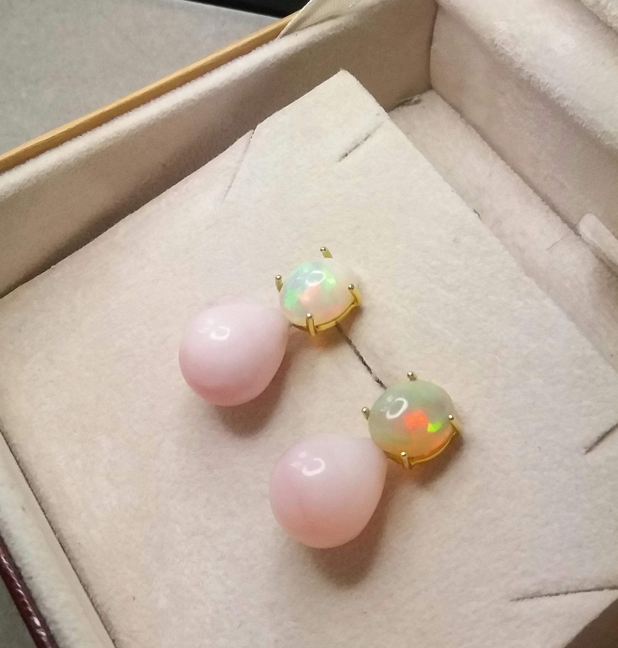 Pink Oval Round Drops Oval Solid Opal Cabochons 14 Karat Yellow Gold Earrings For Sale 2