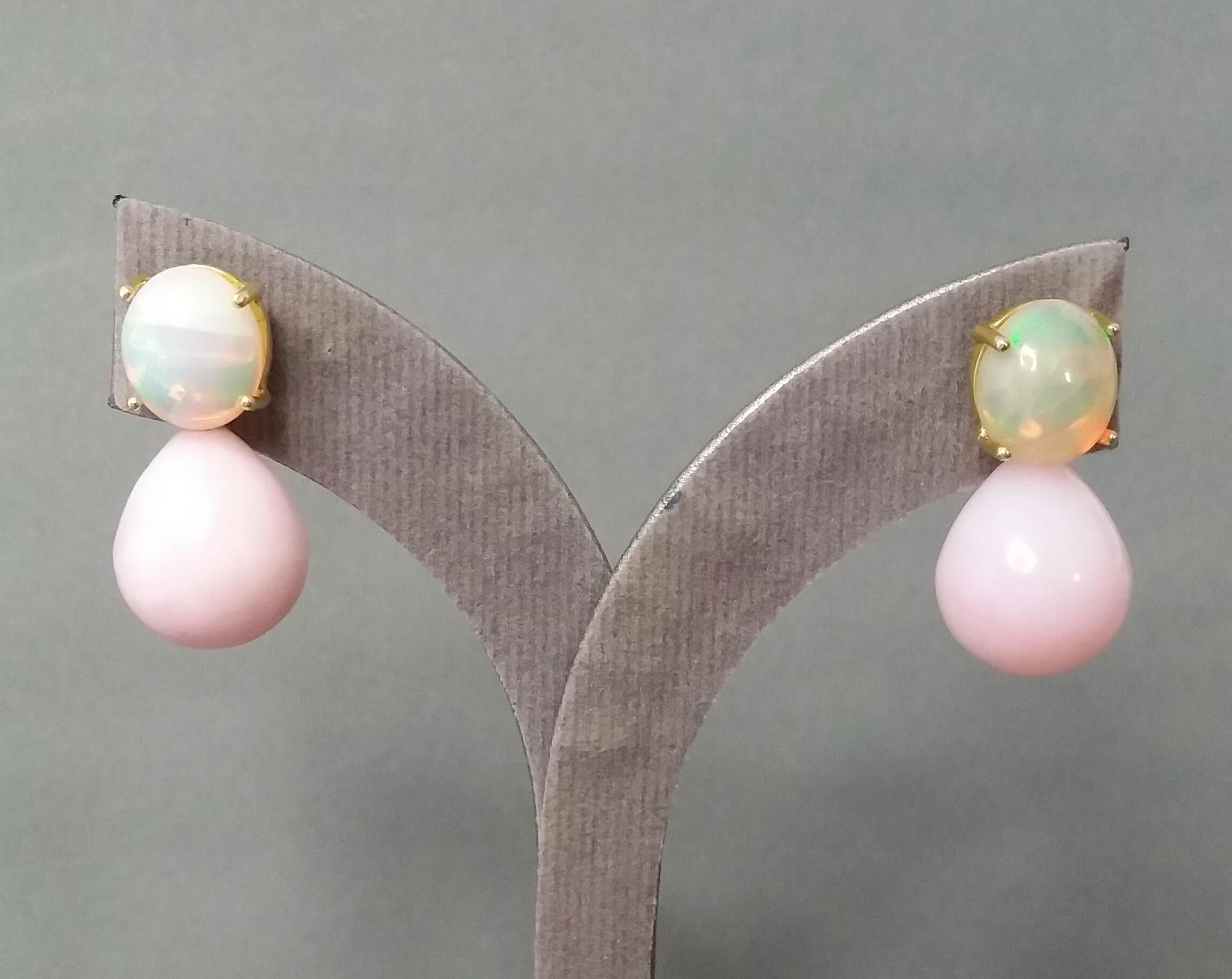 Pink Oval Round Drops Oval Solid Opal Cabochons 14 Karat Yellow Gold Earrings For Sale 3